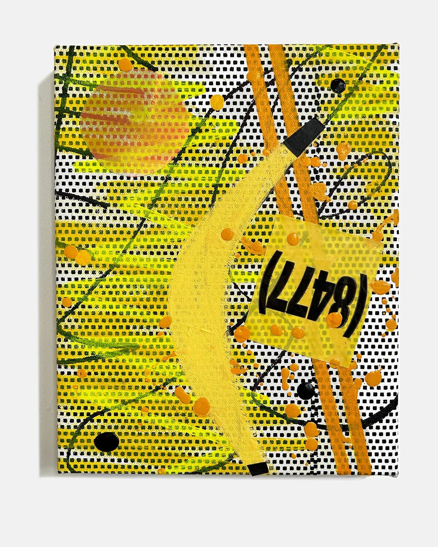 Yellow 847 or LIC Triptych Yellow or CitySpectrum 1: Yellow,  2024 
 Acrylic, marker, artist tape, caution tape, dichroic foil, polymer pieces, and silkscreen ink on canvas
 10 x 8 x 1 in