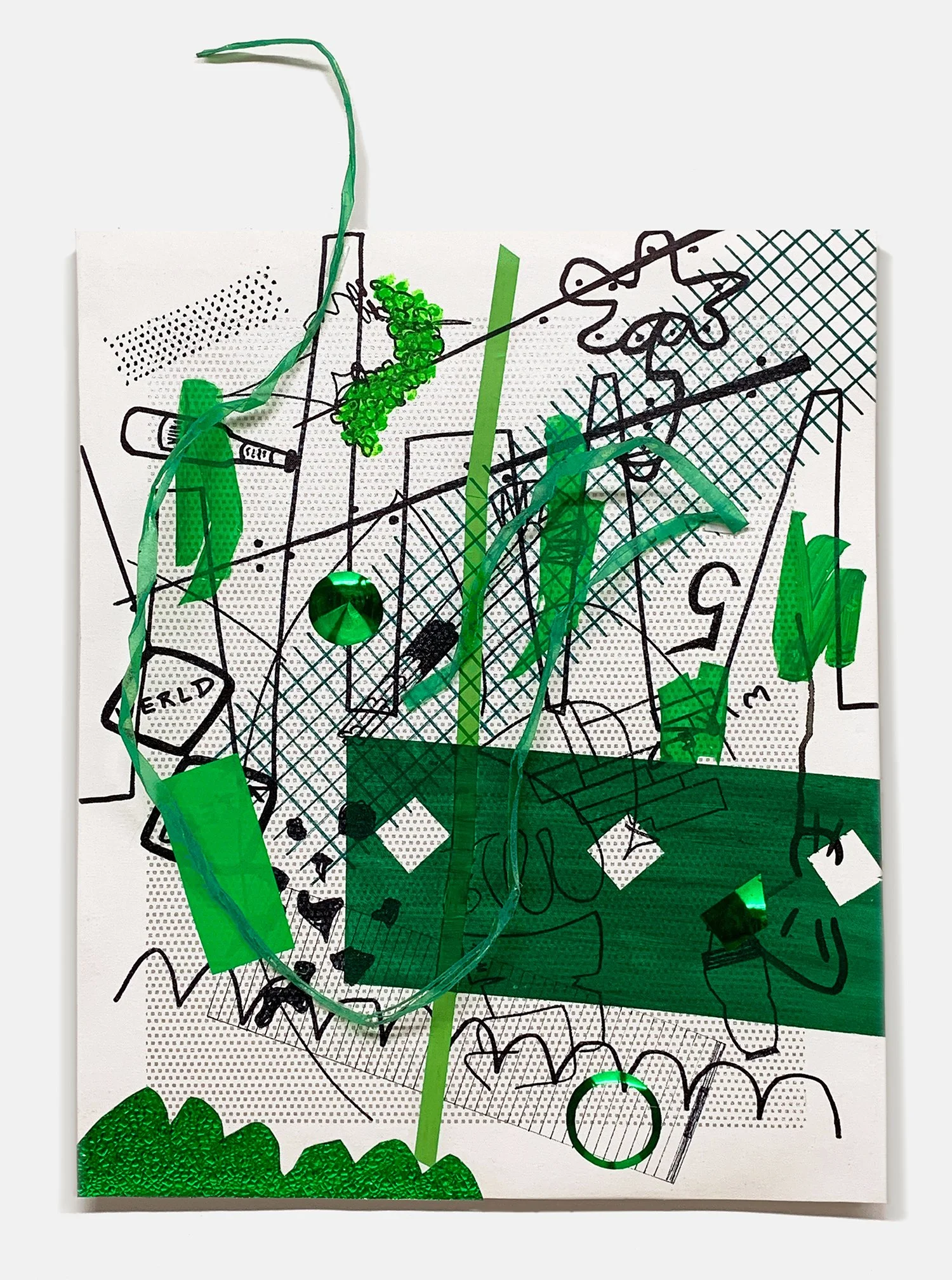 Giftgruen Goose,  2022
 Acrylic, marker, plastic sheet, reflective foils, masking sheet, package strapping, and silkscreen ink on unstretched canvas, 
 21 5/8 x 17 5/8 in