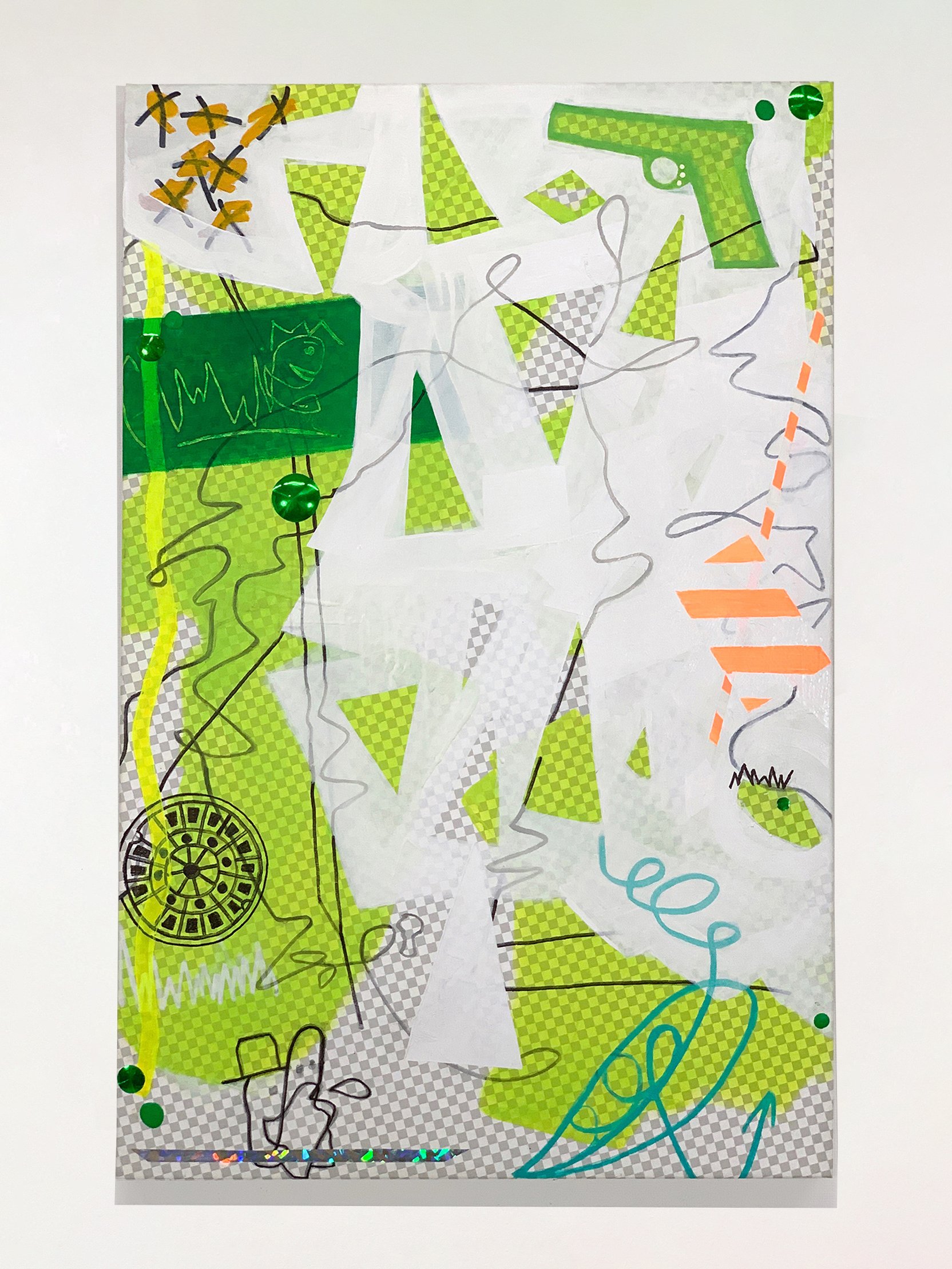 Fort Greene Cones  (40°41’13.7” N, 73°58’35.5” W) , 2019
 Acrylic, marker, foil, polymer pieces on archival digital pigment print on canvas 
 29 x 19 x 1 in