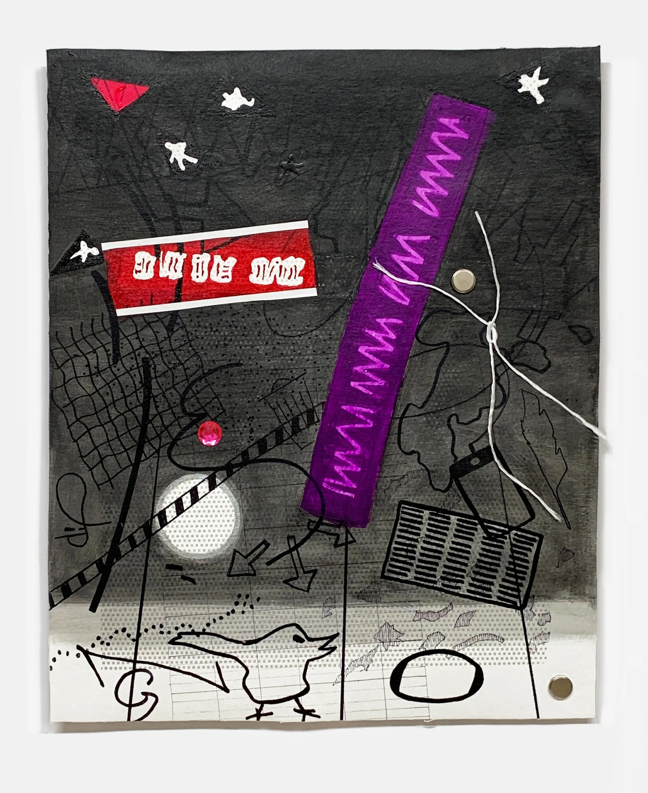 String Swing, 2022
 Acrylic, marker, batteries, nylon string, bling, and silkscreen ink on unstretched canvas
 21 3/4 x 17 3/4 in