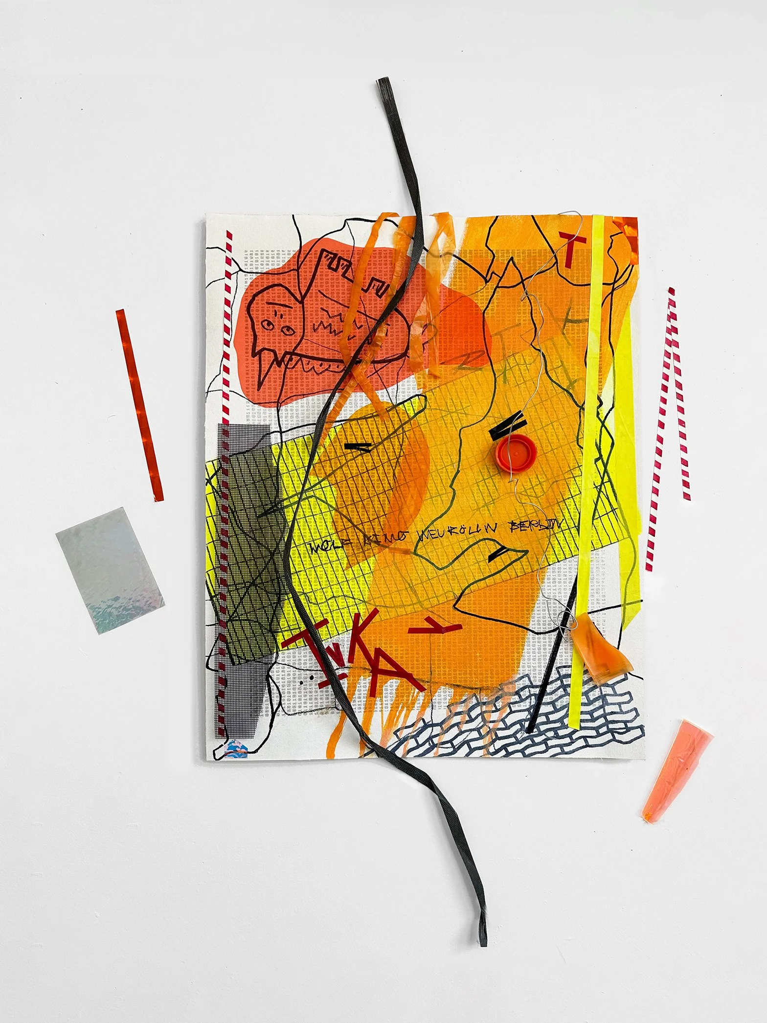 Wolff-Kino Berlin,  2024
 Acrylic, marker, plastic sheeting, reflective foils, artist tapes, plastic strips, fiberglass screen, wire, package strapping, bottle cap,  plastic fragment, and silkscreen ink on canvas,  21 3/4 x 17 x 3 in (canvas)
 32 x