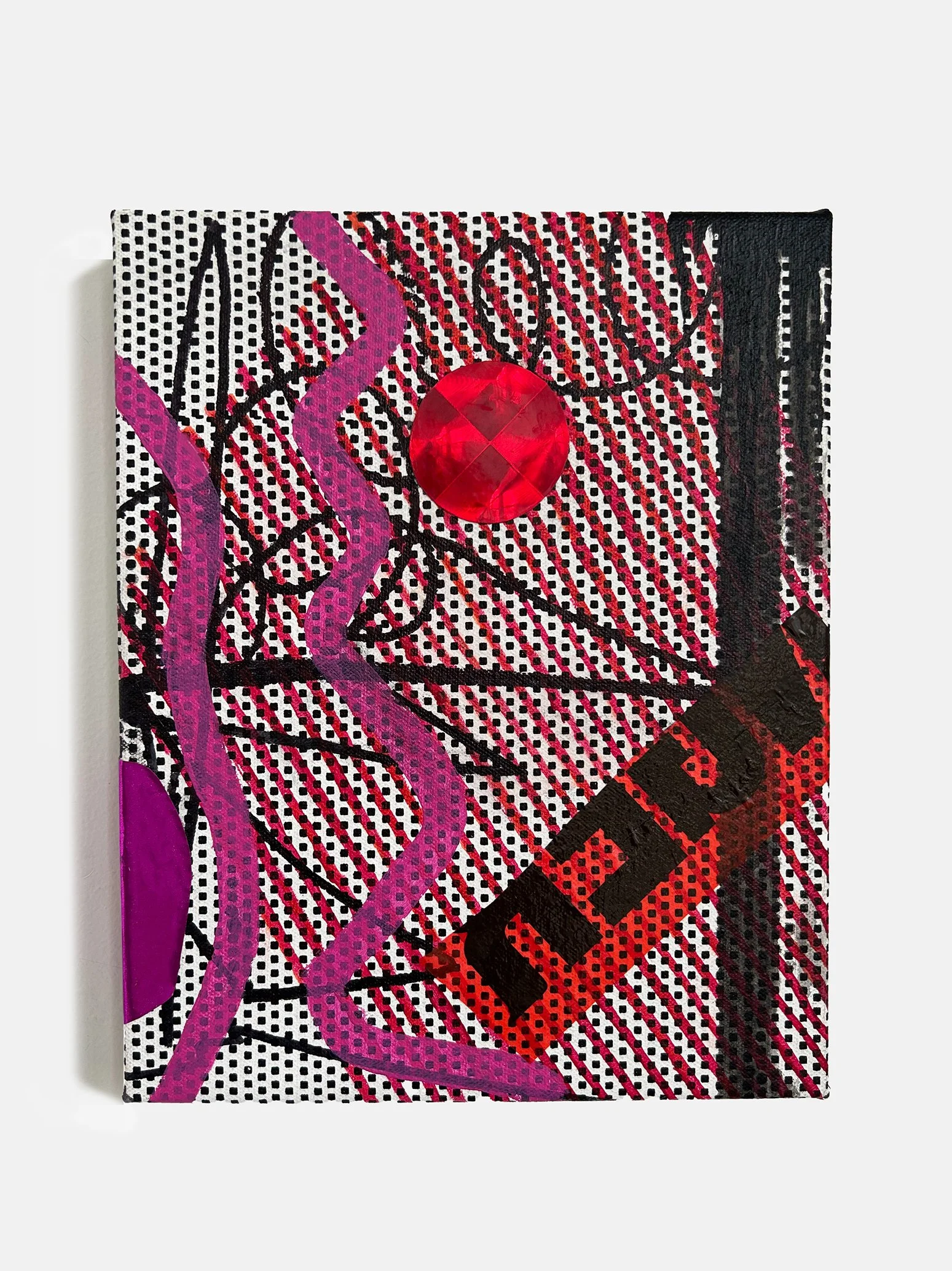Dykes Slats, or LIC Triptych Red or City Spectrum 1: Red,  2024
 Acrylic, marker, caution tape, reflective foil, and silkscreen ink on canvas
 10 x 8 x 1 in