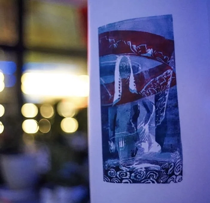 Poster of Jesus Christ carrying a cross, with a colorful background and papercut style artwork.MARIAM KVASHILAVA EXHIBITION