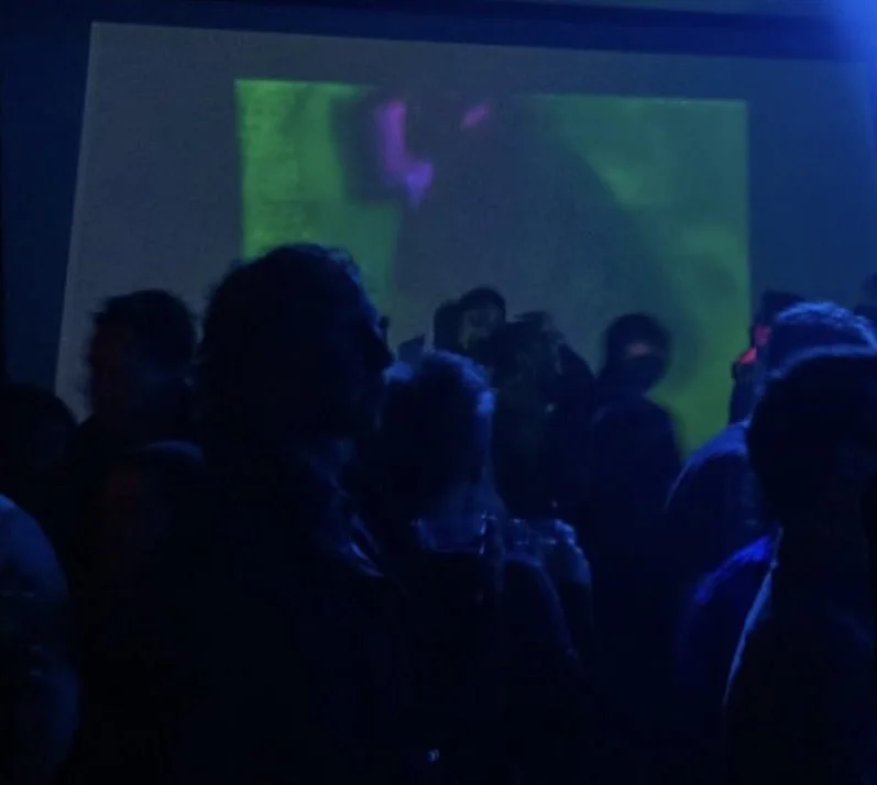 Dark room filled with people watching a brightly colored projection on the wall. MARIAM KVASHILAVA EXHIBITION