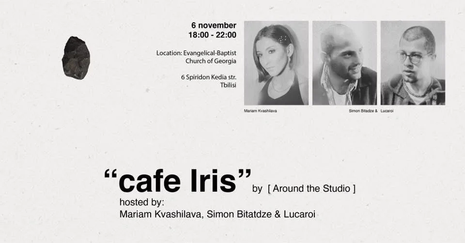 MARIAM KVASHILAVA EXHIBITION The event is scheduled for November 6 from 6:00 PM to 10:00 PM at Evangelical-Baptist Church of Georgia, 6 Spiridon Kedia Street, Tbilisi. The flyer includes black-and-white photos of the three performers.