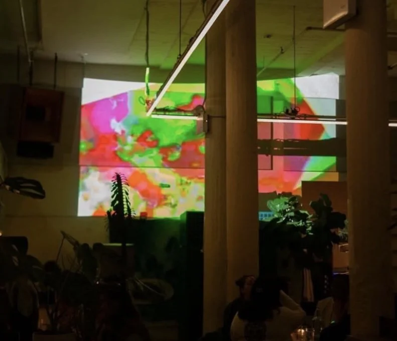 Indoor space with colorful, abstract digital projection on a wall, surrounded by plants and furniture, with accompanying lofficial lighting and structural columns. MARIAM KVASHILAVA EXHIBITION