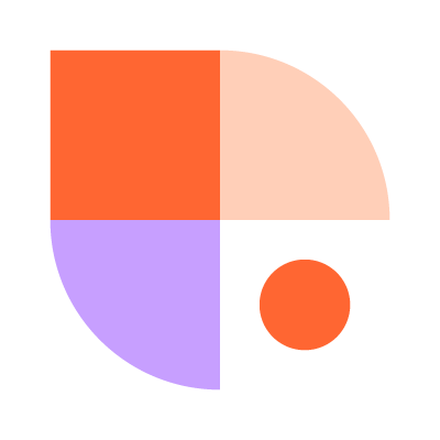 A pie chart with four sections: two orange segments, a light peach segment, a purple segment, and a small orange circle.