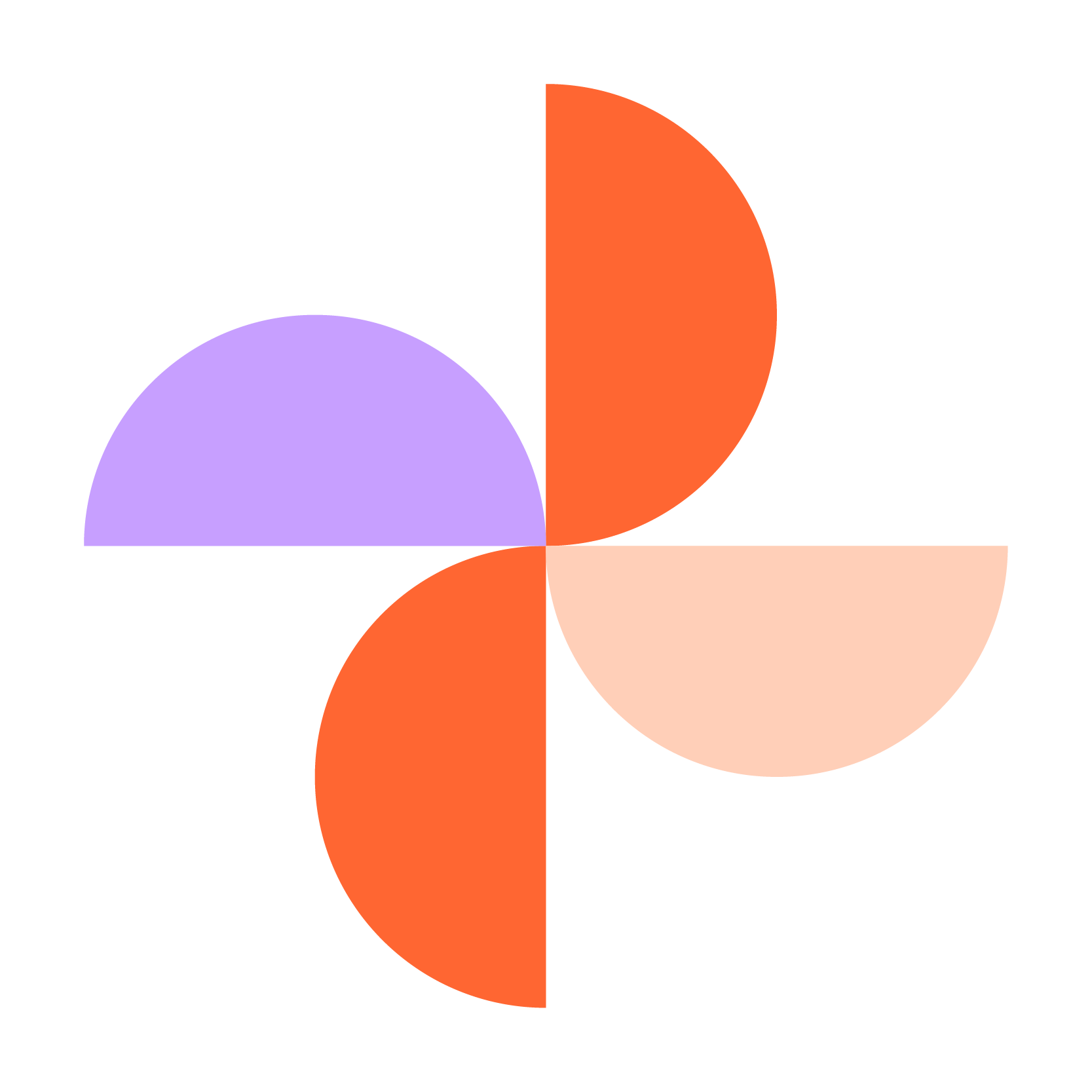 Abstract geometric design with four semi-circles in purple, orange, and peach arranged around a central point.