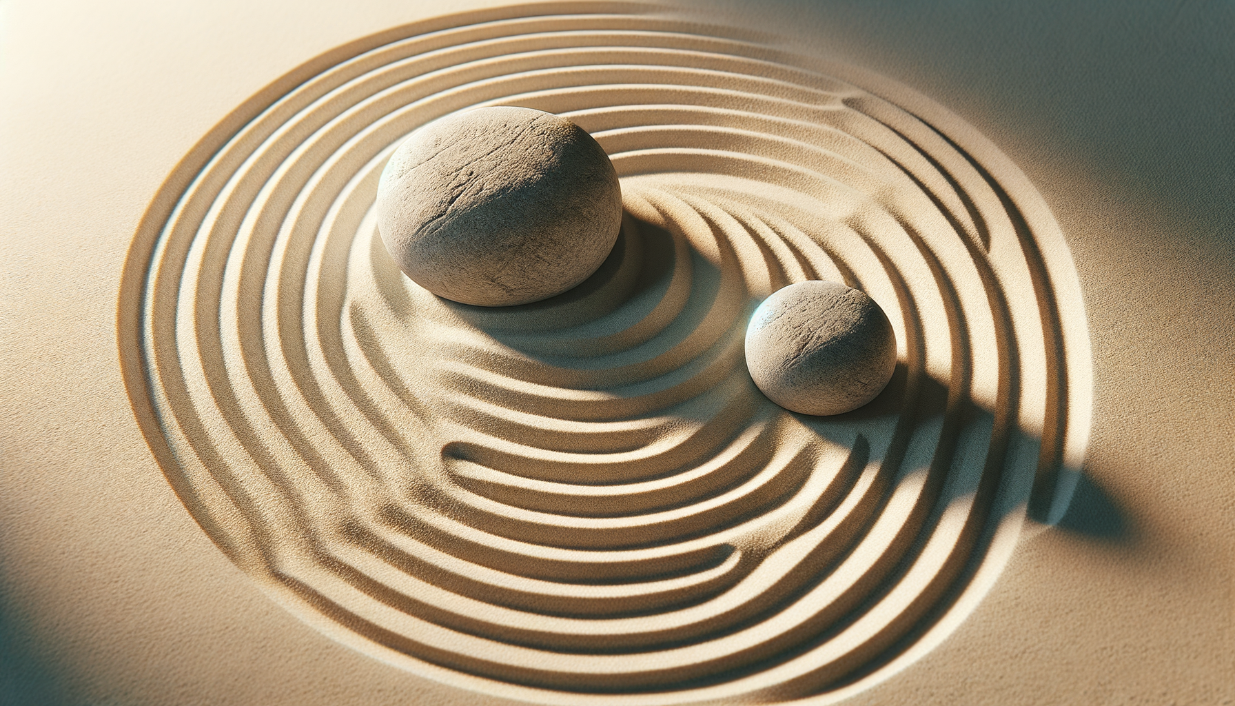 A zen garden made out of sand that's been raked into a circular pattern, with two stones sitting in the middle of the pattern