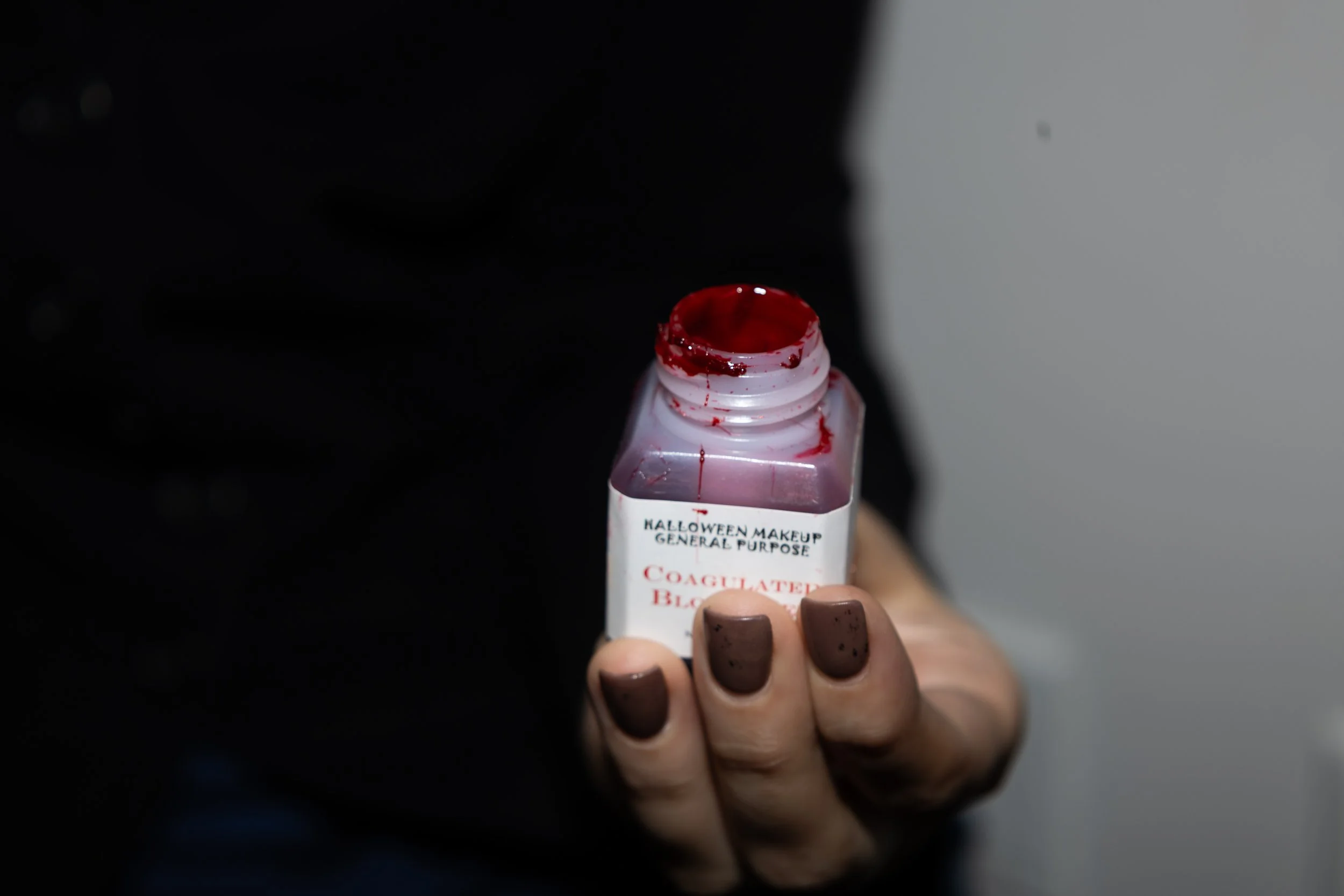 Fake blood used for cast members is pictured in the girls' dressing room on Oct. 30. 
