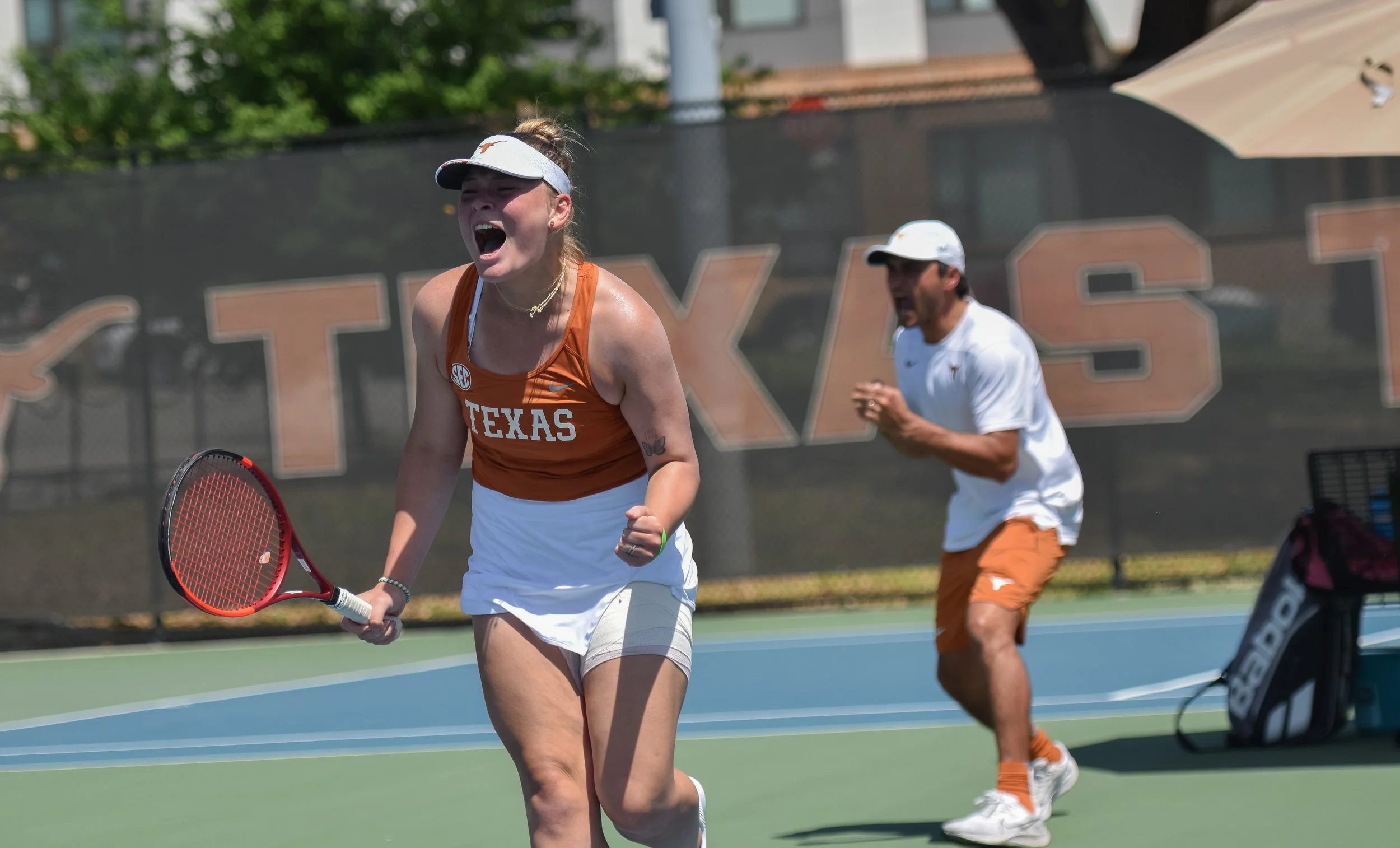 Charlotte Kempenaers-Pocz celebrates after a match at the Texas vs. Georgia game on April 11, 2025.