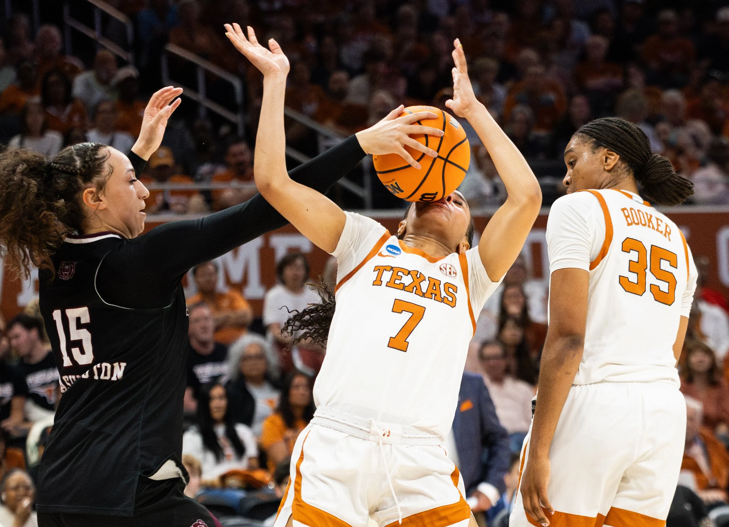 Sophomore guard Jordan Lee fights for possession of the ball during Texas' March Madness game against Missouri State at Moody Center on March 20, 2026. 