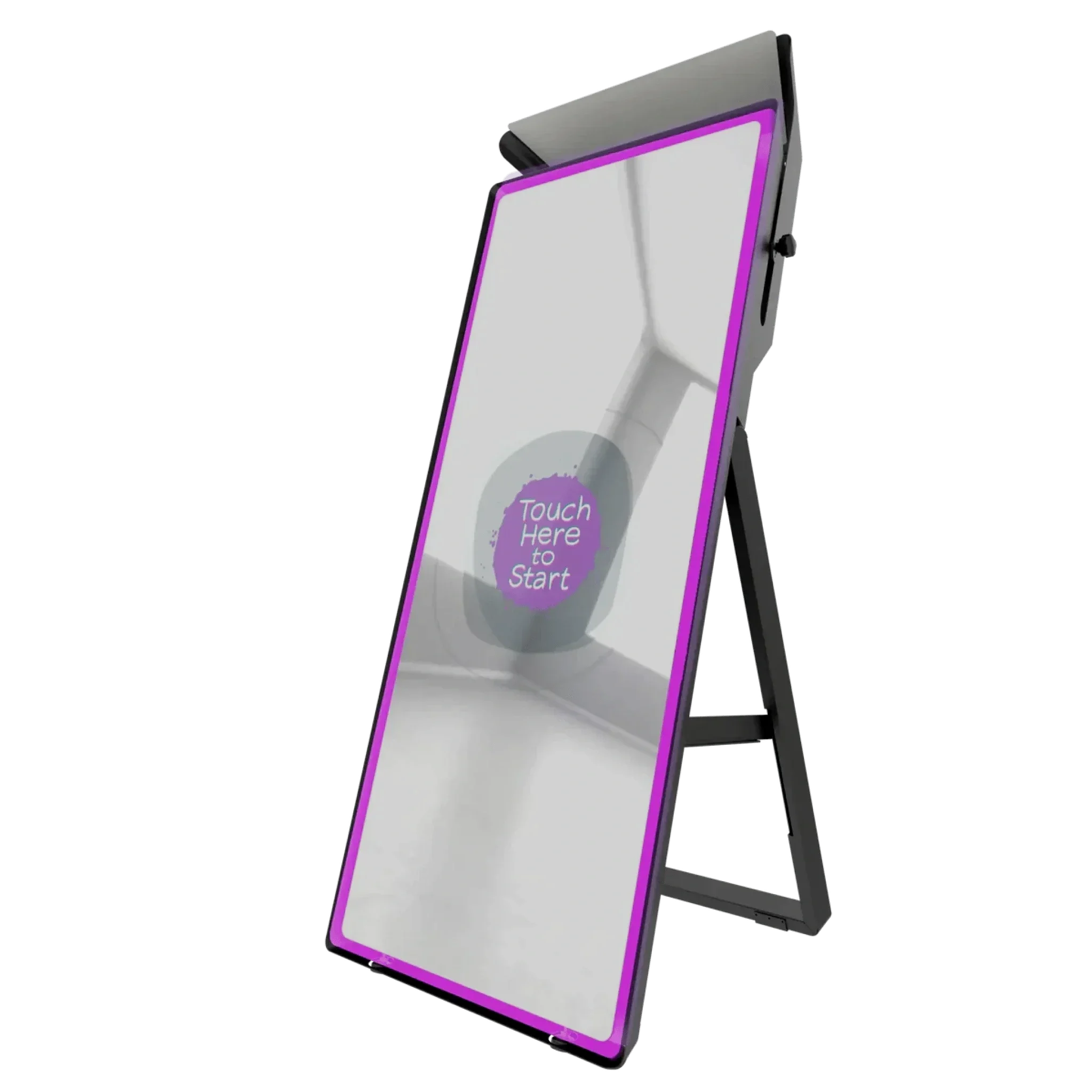 A digital signboard with a purple border and a screen displaying a message that says "Touch Here to Start" in purple text.