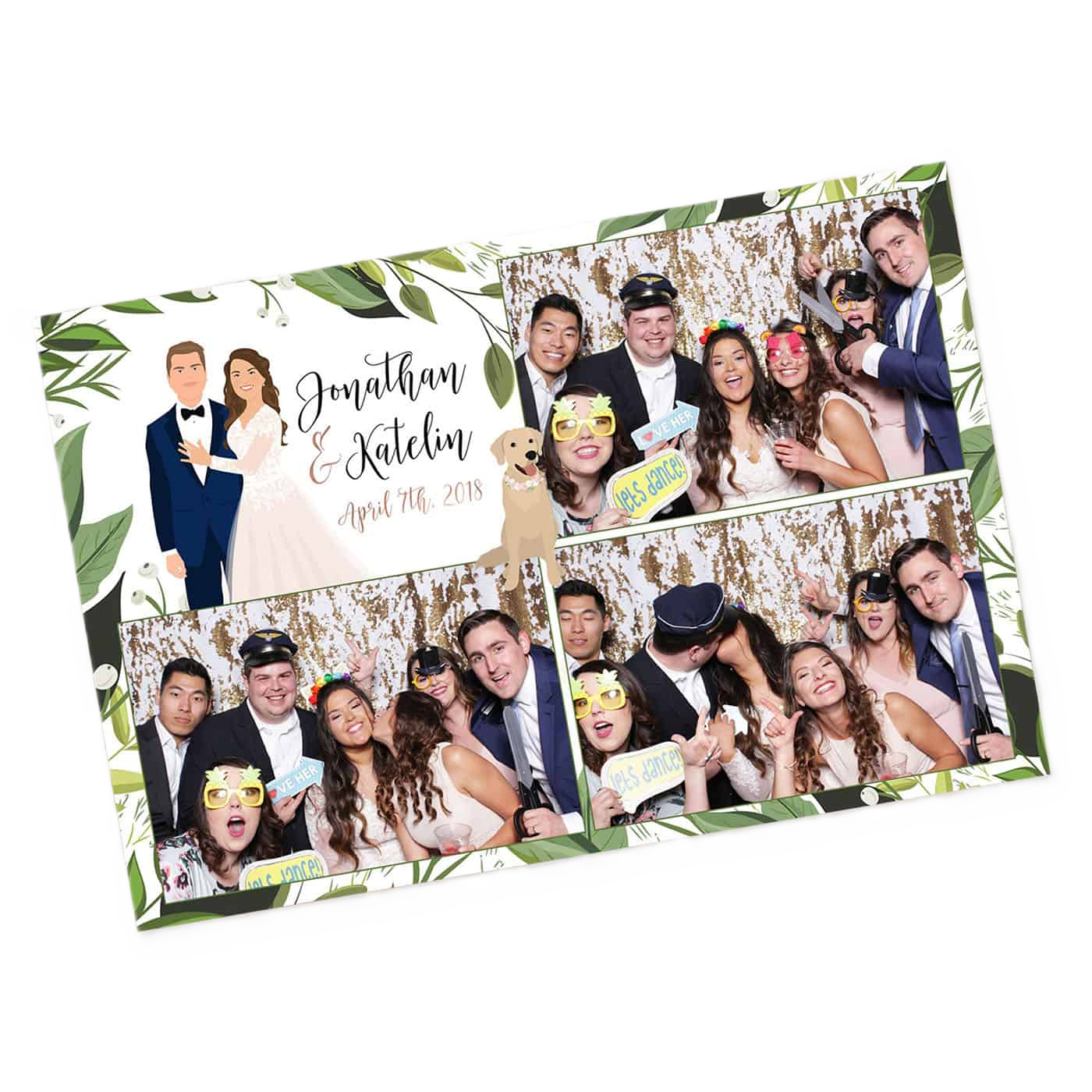Photo booth strip from wedding of Jonathan and Katelin, dated April 7th, 2018, featuring friends in fun costumes and props, with a decorative leafy border and cartoon dog illustration.