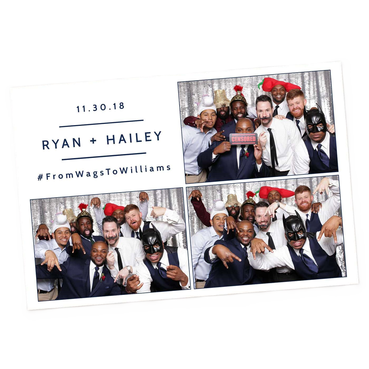 Photobooth collage from wedding reception featuring a group of diverse men in suits wearing party hats and masks, with a backdrop of silver sequins, holding props and making playful gestures.