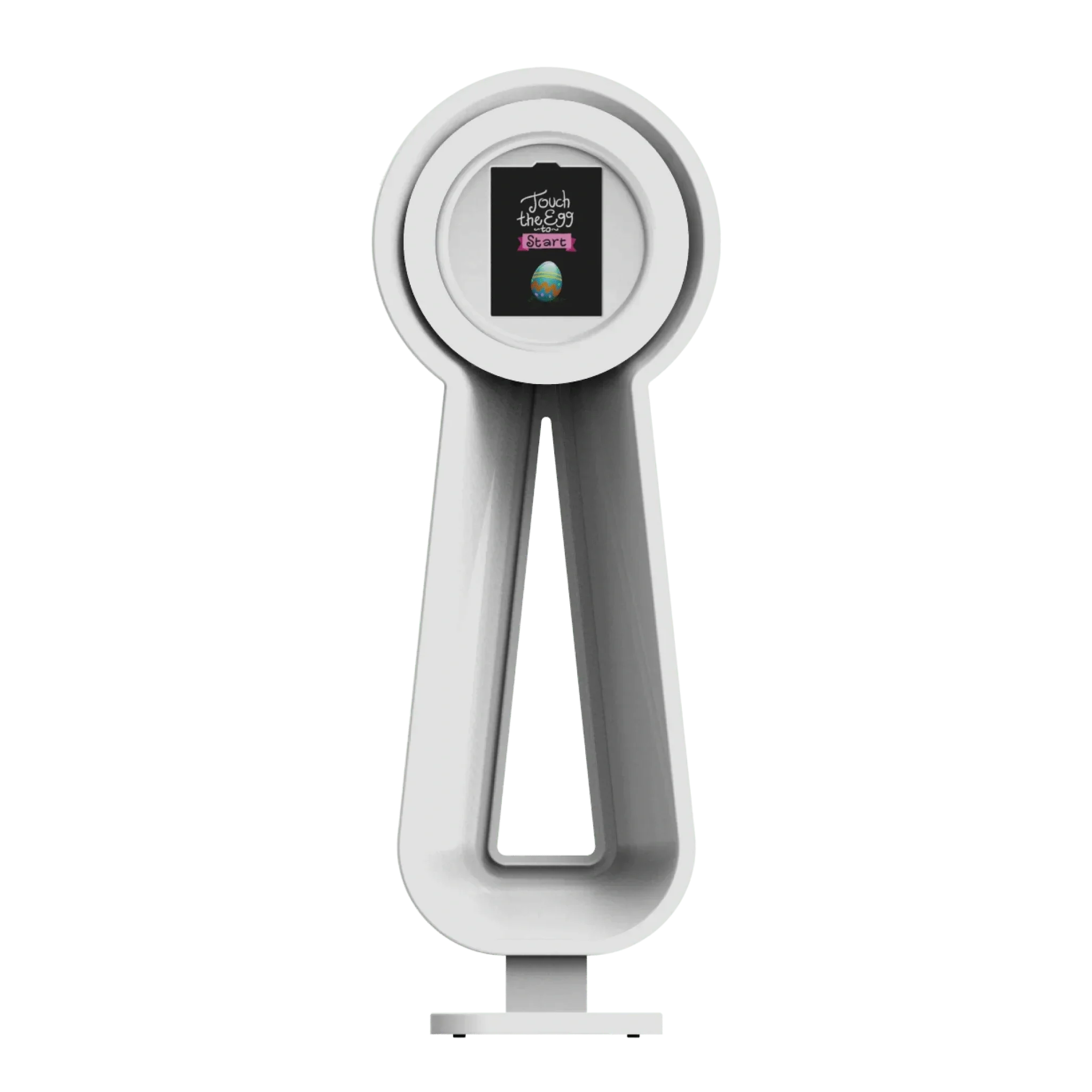 A modern white arcade-style game called Touch the Egg with a circular screen displaying the game's logo and a start button.