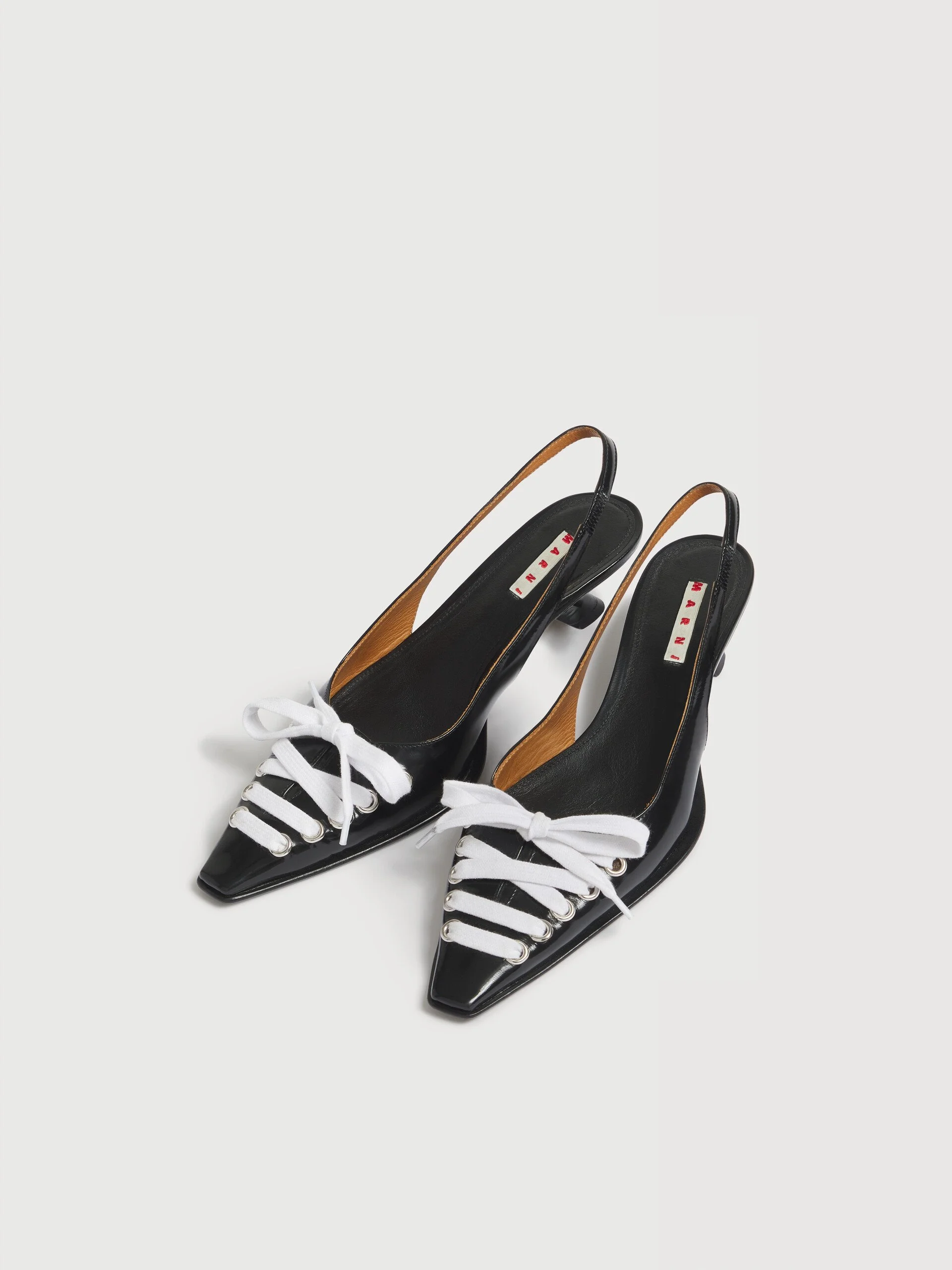 Marni, black leather lace-up slingback.