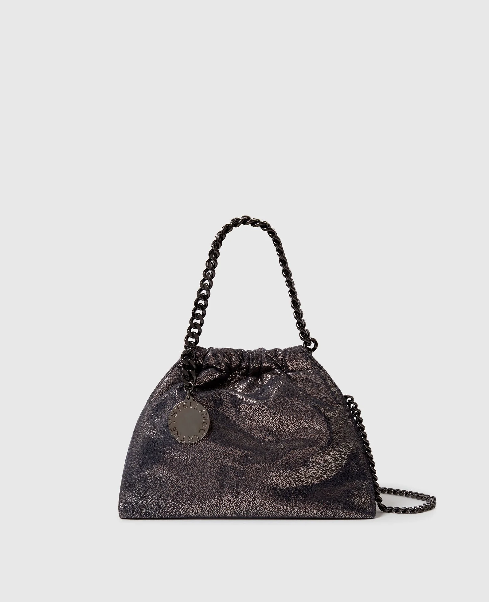 Stella McCartney Falabella Mini Metallic Vegetarian Suede Drawstring Bag.
