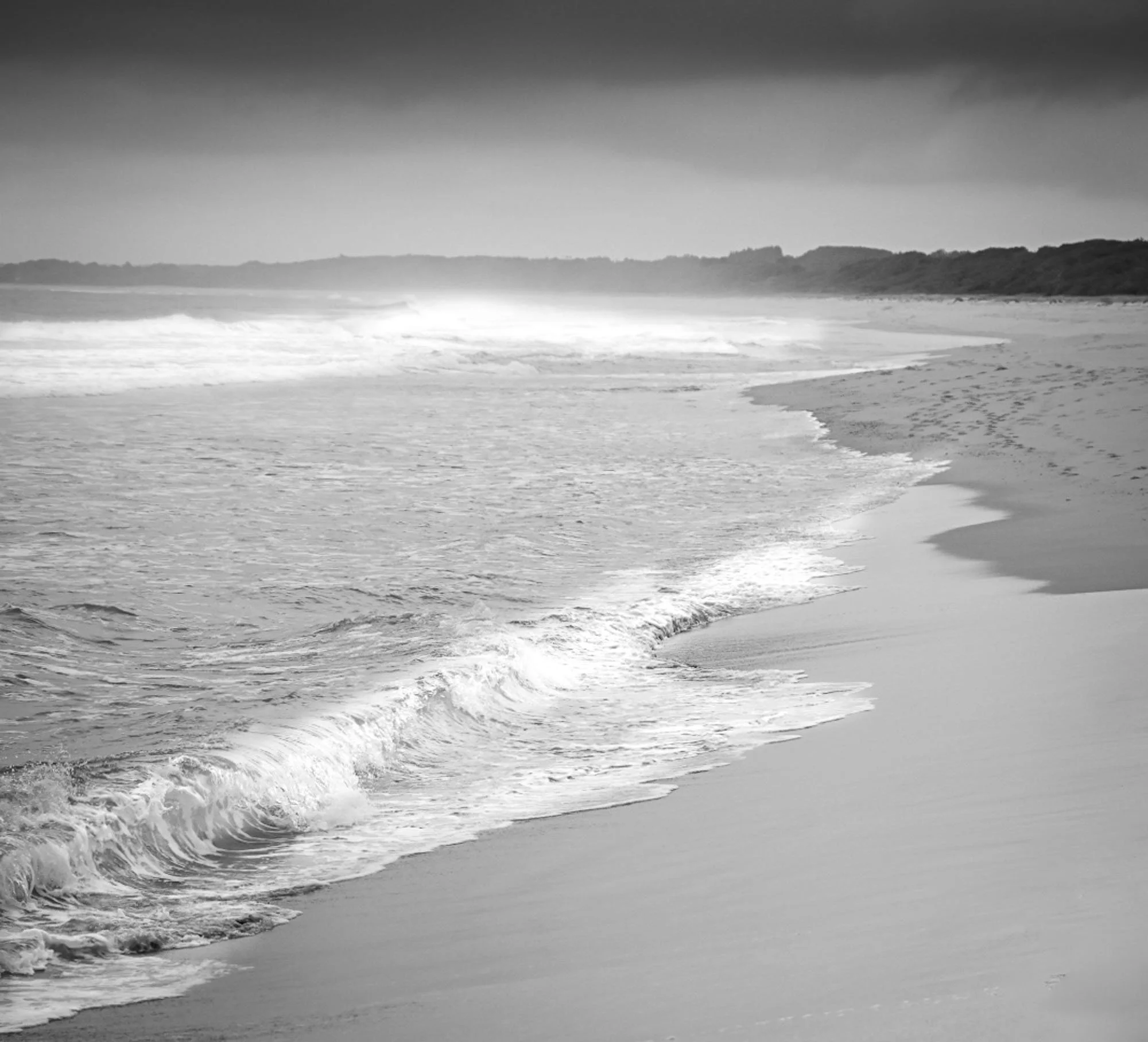 Black and white photograph of a beach with waves and a cloudy sky, coastline with trees in the background.