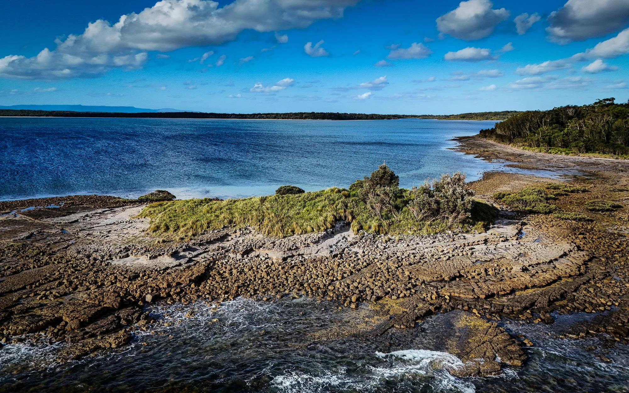 A coastal scene with rocky shoreline, lush green bushes, and a calm blue ocean under a partly cloudy sky.