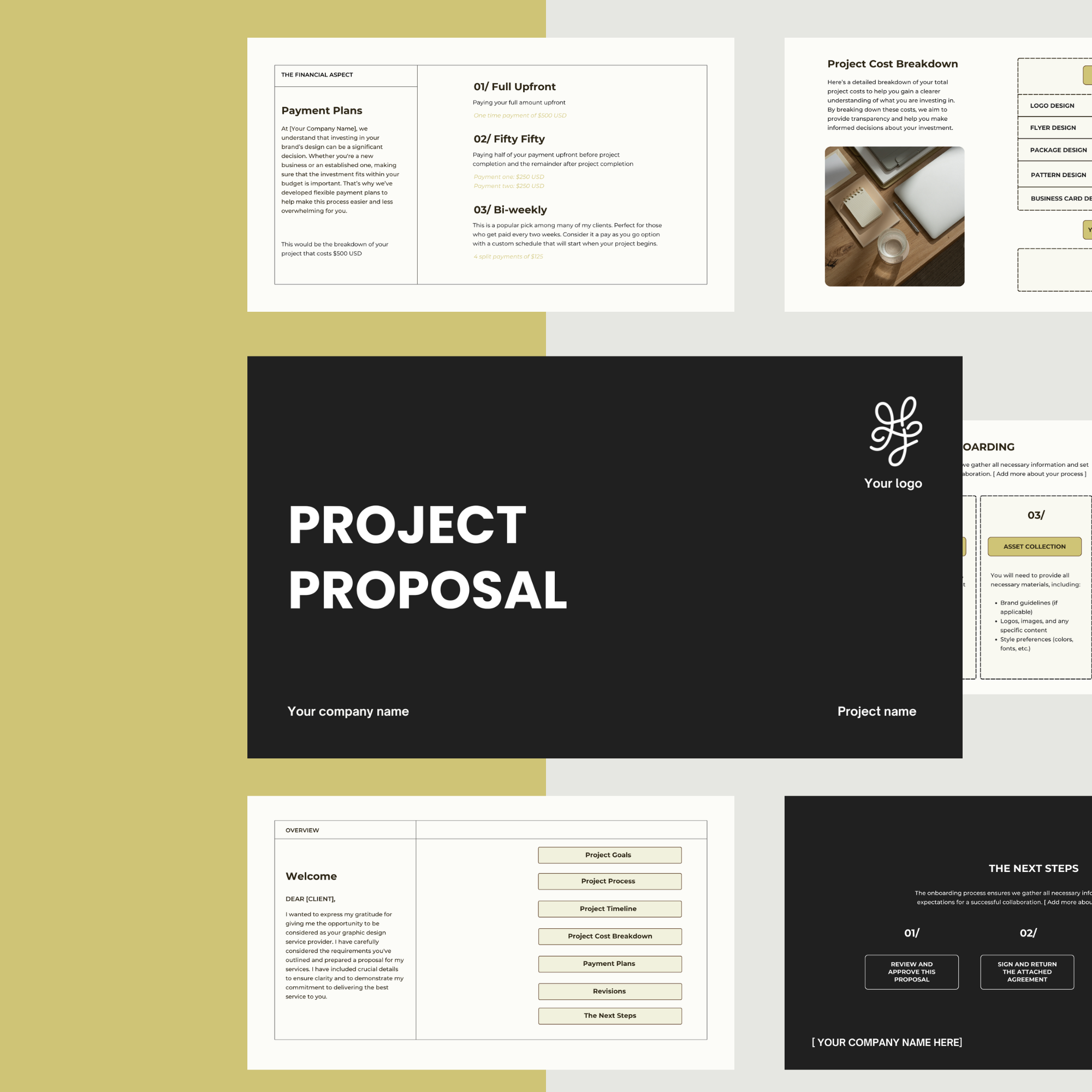 A collection of presentation slides for a project proposal, including sections on project goals, process, timeline, budget breakdown, and payment plans, with a black theme slide titled 'Project Proposal' and placeholder logos and company and project names.