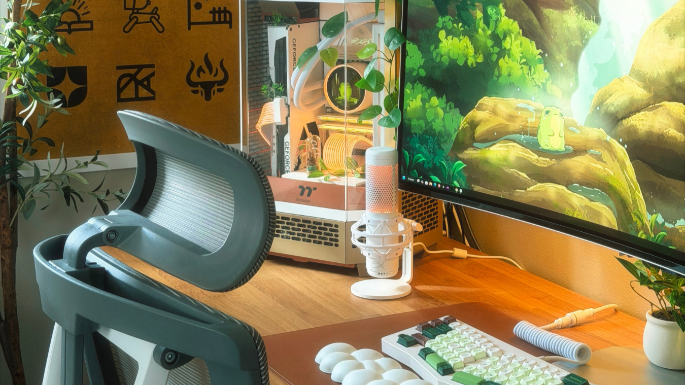 Cozy aesthetic desk setup with a curved monitor showing a nature wallpaper, a custom white PC with warm lighting, mechanical keyboard with green keycaps, ergonomic office chair, houseplants, and wooden desk creating a warm and creative workspace.