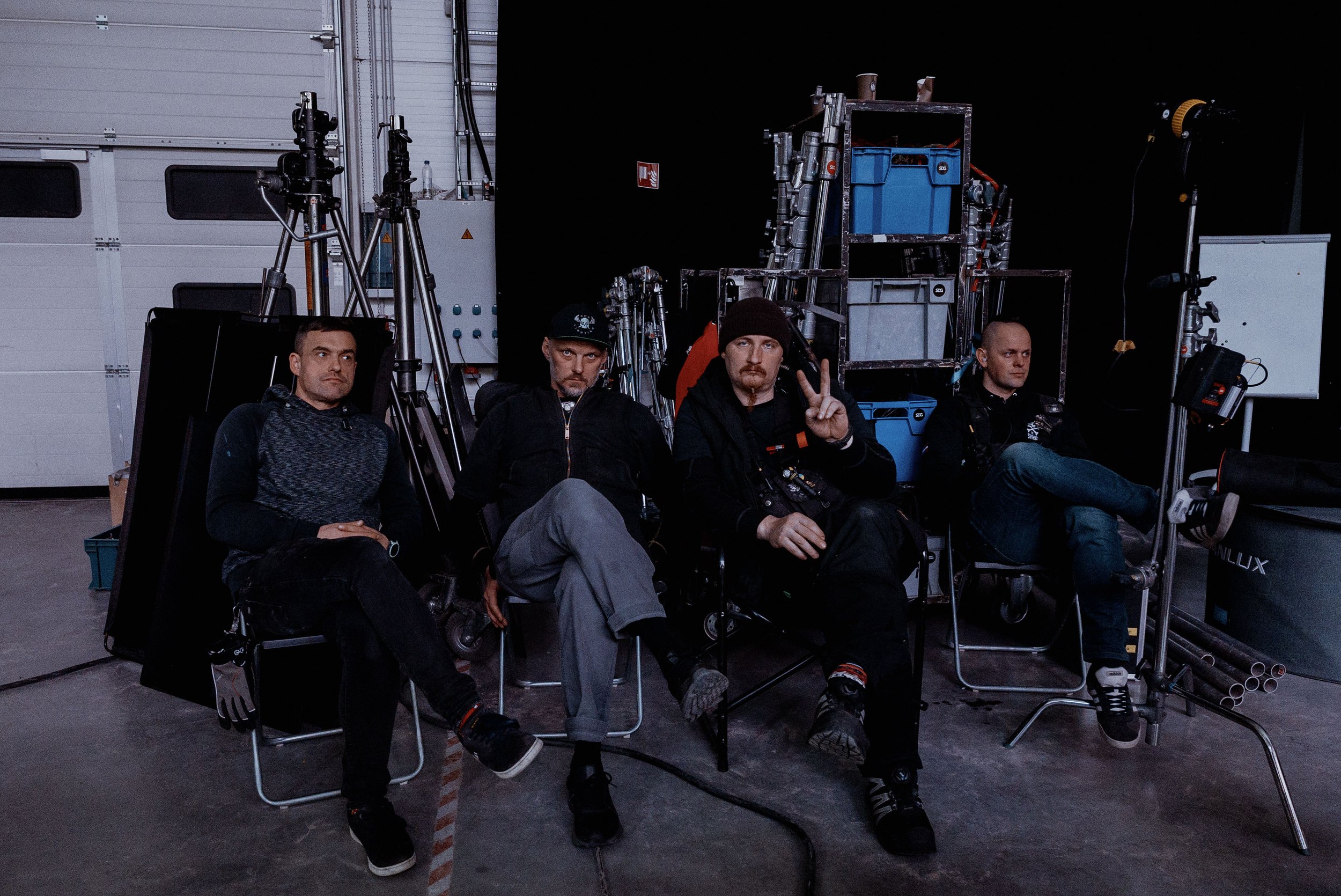 Behind the scenes group photo of the lighting department on the Tet x Netflix TVC Paris set, featuring crew from Nelūgtie Viesi — captured by Miks Ratnieks.