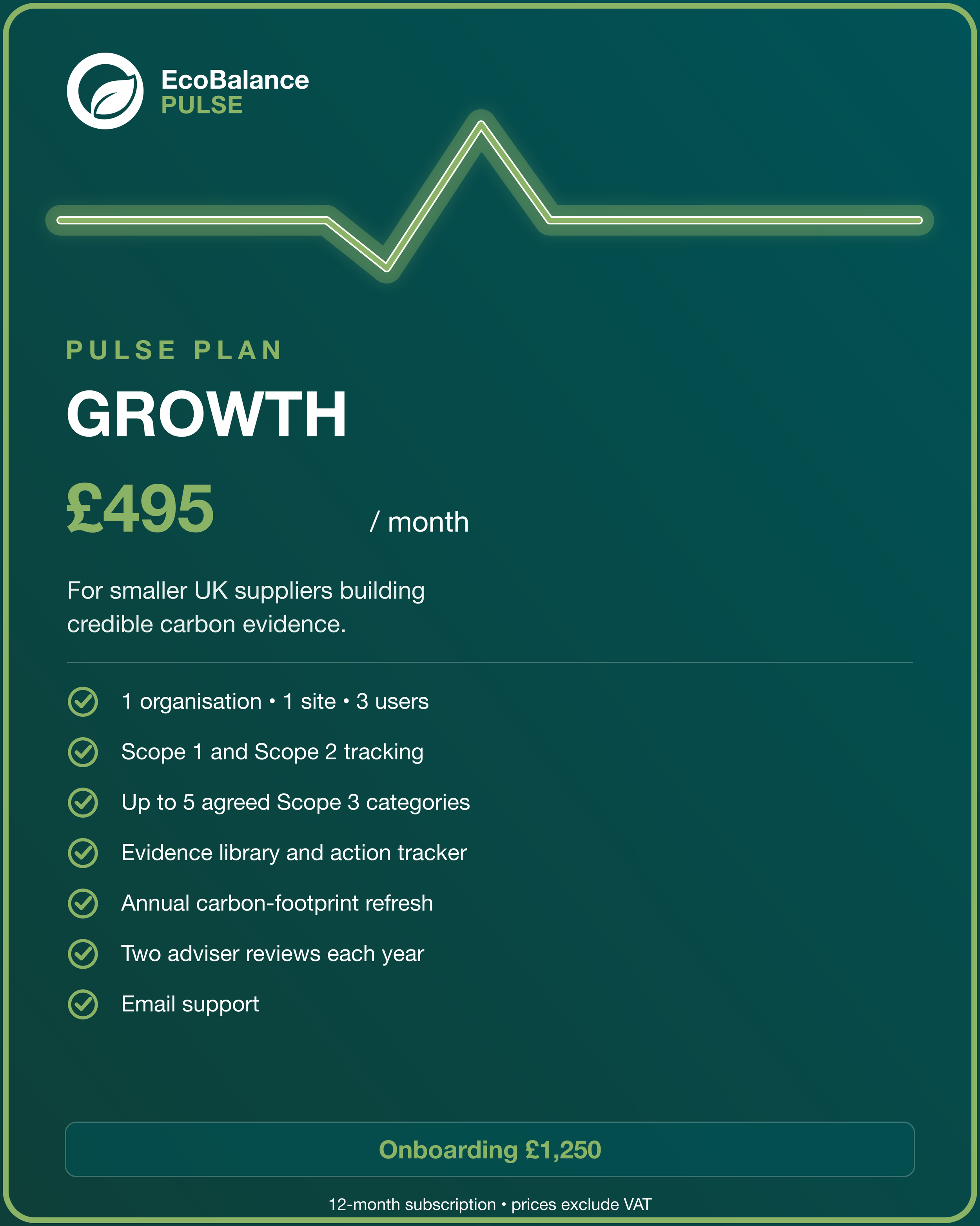 EcoBalance Pulse Growth plan at £495 per month for smaller UK suppliers building credible carbon evidence.
