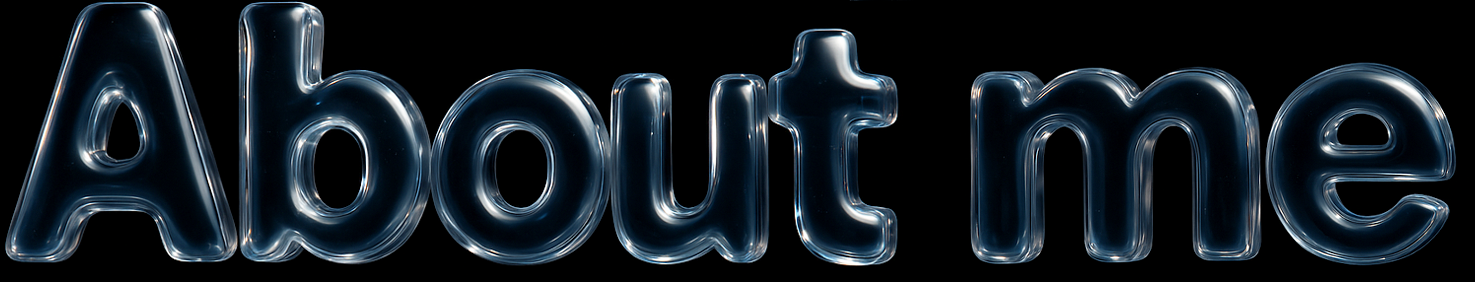 Glossy, three-dimensional text that says 'About me' in a stylized, rounded font with a shiny, dark appearance.