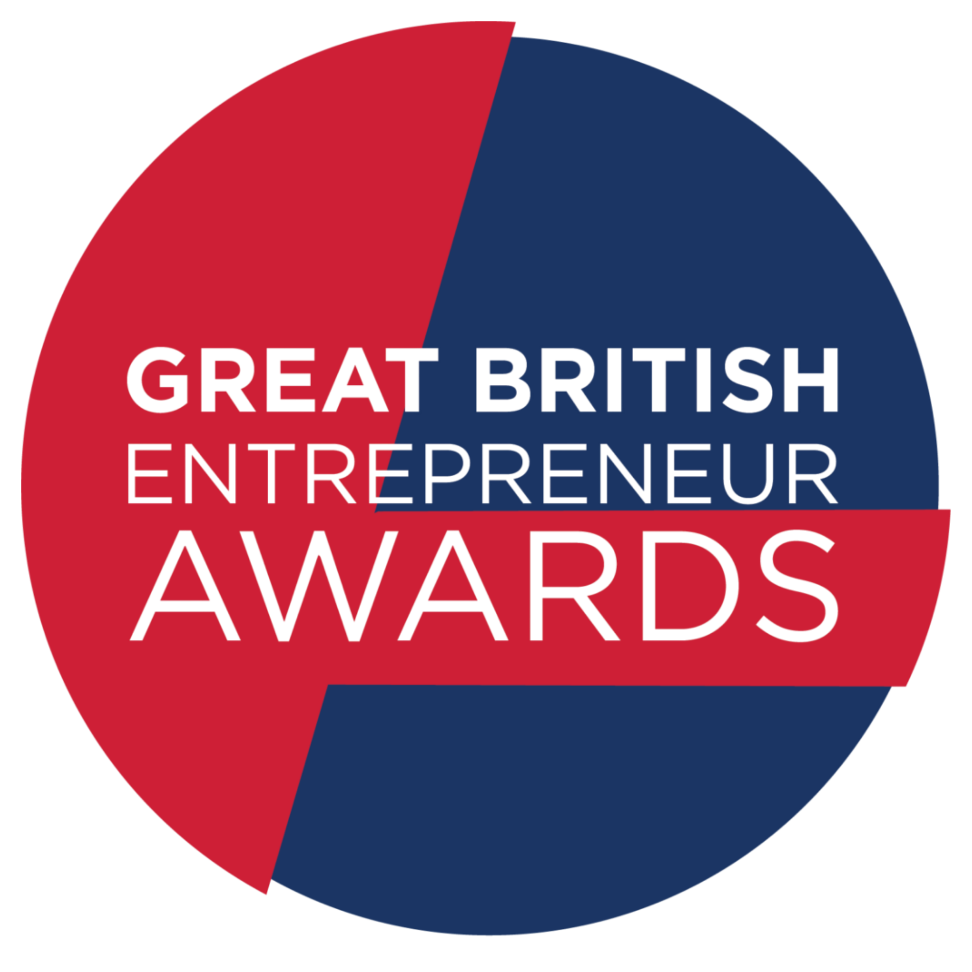 A circular badge with a blue and red color scheme featuring text in red and blue that reads: "Great British Entrepreneaur Awards."