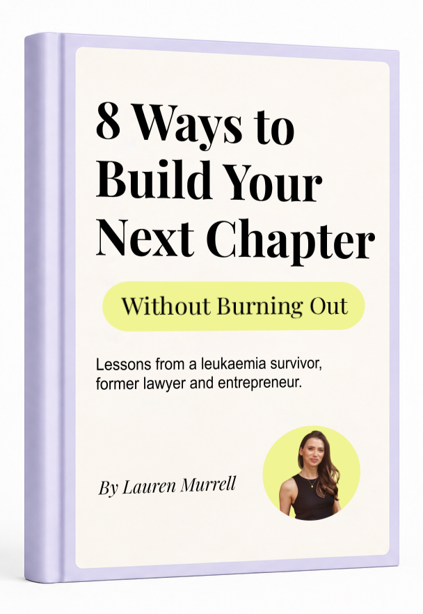 Book cover titled "8 Ways to Build Your Next Chapter Without Burning Out" by Lauren Murrell, featuring a portrait of a woman on a yellow circle background.