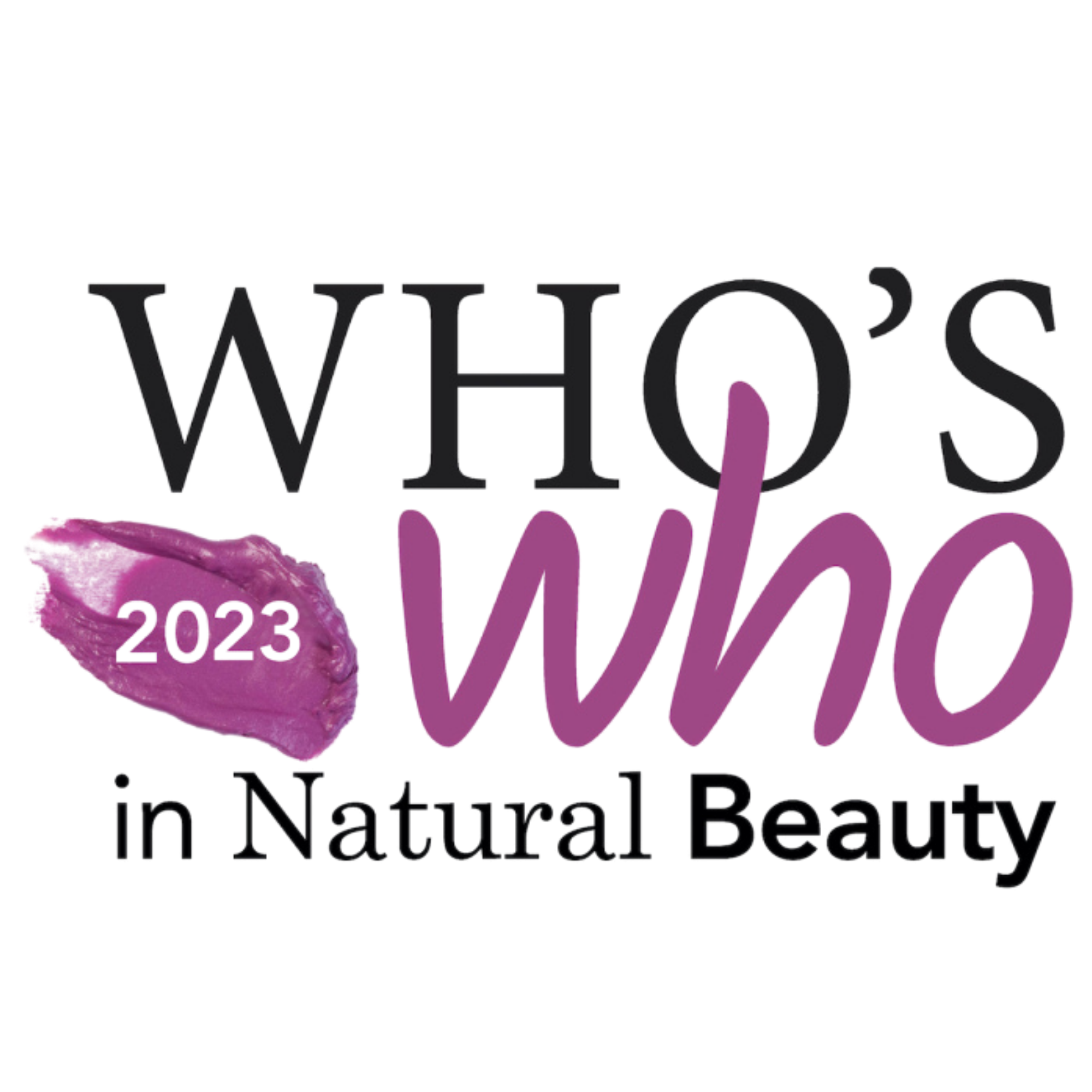 Close-up of digital text displaying 'who's in natural beauty' with a pink flower and the date 2023.