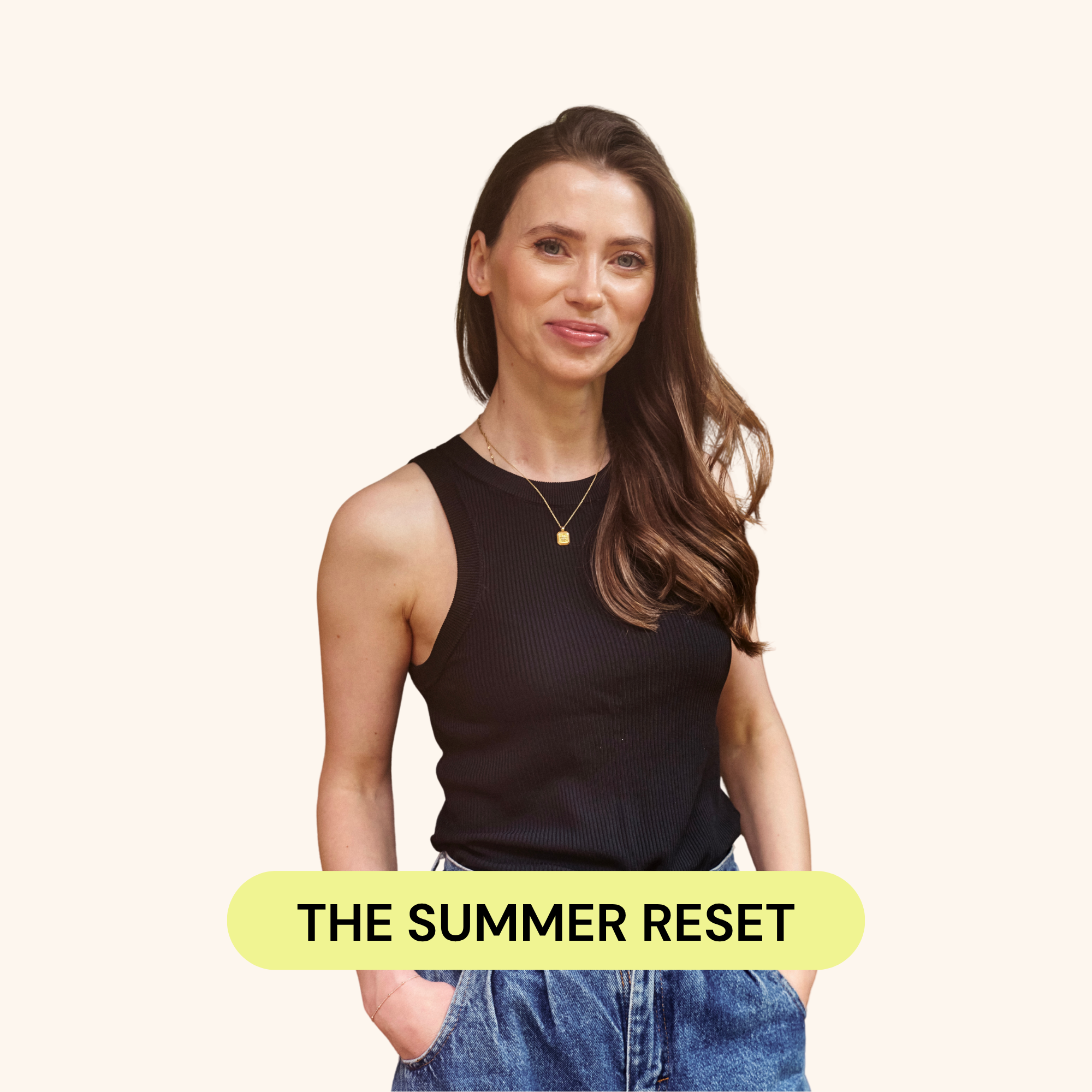 A young woman with long, wavy hair wearing a black sleeveless top and denim shorts, standing against a light background, with bold yellow and black text overlay reading 'The Summer Reset.'