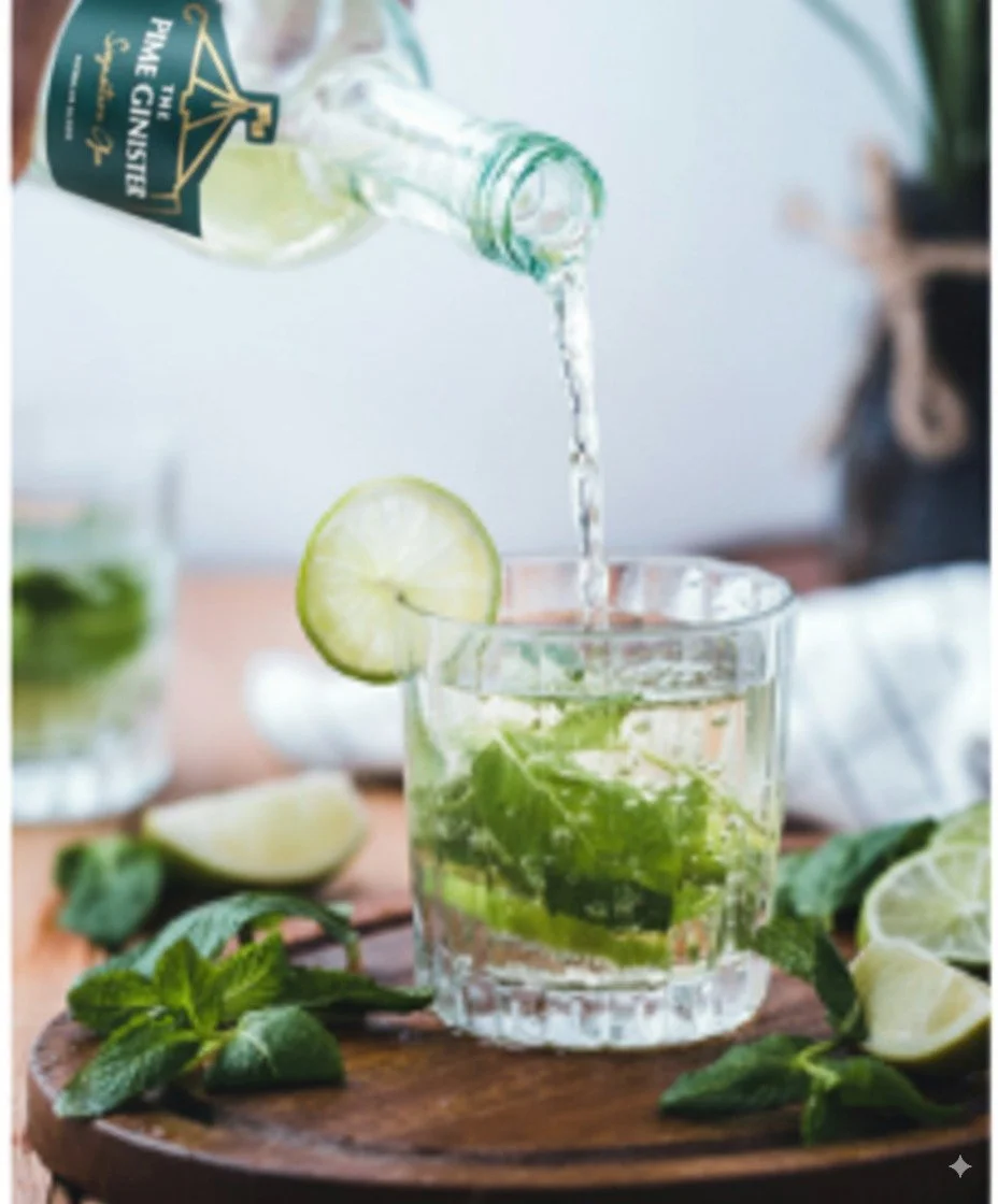 A glass of mojito with lime slices and mint leaves on a wooden board, with a bottle pouring clear liquid into the glass, surrounded by lime wedges and mint leaves.