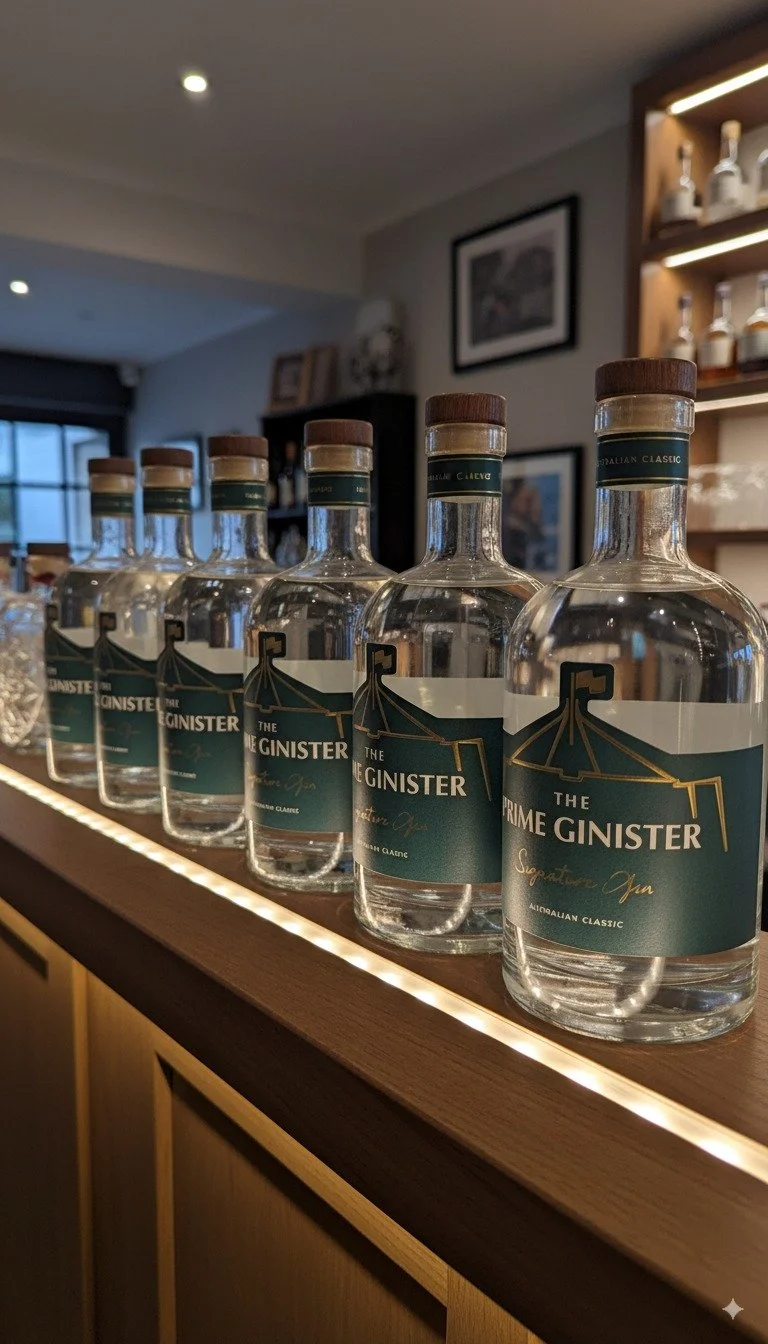 Line of six bottles of The Prime Ginister on a wooden bar counter inside a room with framed pictures and shelves with bottles in the background.