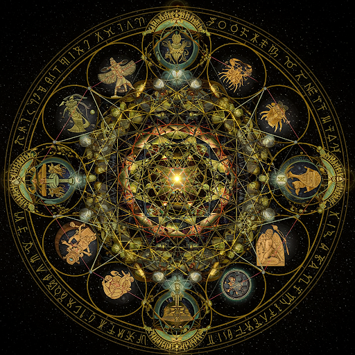 金色の神秘的な星座と幾何学模様が描かれた宇宙の図像。各星座は円上に配置され、それらをつなぐ線や複雑な幾何学パターンが宇宙と占星術の象徴的なイメージを形成している。
