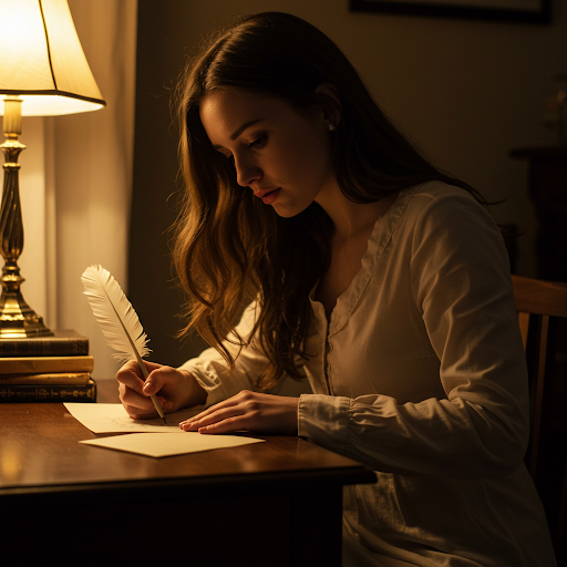 ろうそくの明かりの下でペンを持ち、ノートに書き込む若い女性