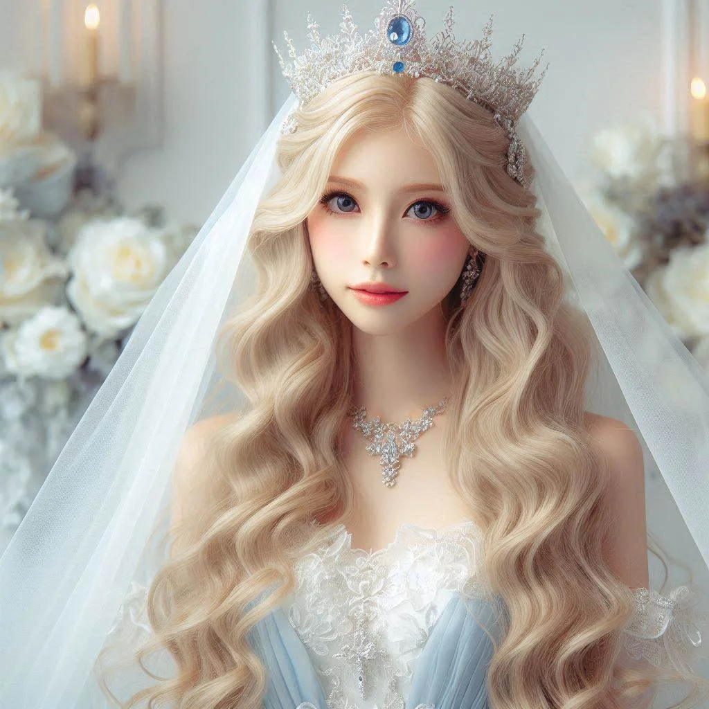 結婚式のドレスを着た若い女性。金髪の長い髪にティアラとヴェールをかぶり、白い花やキャンドルの背景が見える