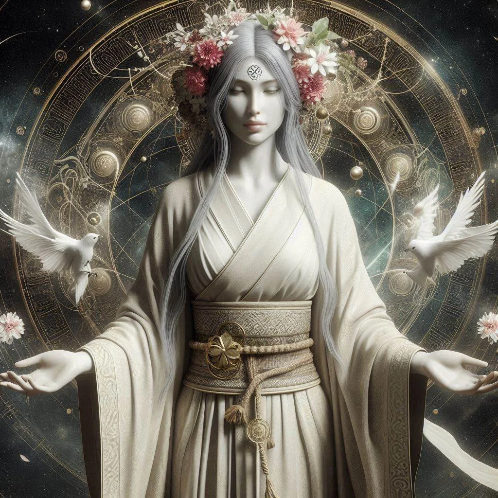花と星空の背景に白い衣装を着た女性像と白い鳩が飛ぶ幻想的なアート
