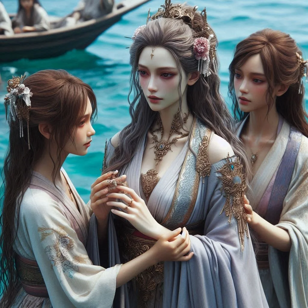 海の近くで美しい衣装を着た3人の女性の肖像。中央の女性は装飾的なアクセサリーと華やかな髪飾りを身につけている。