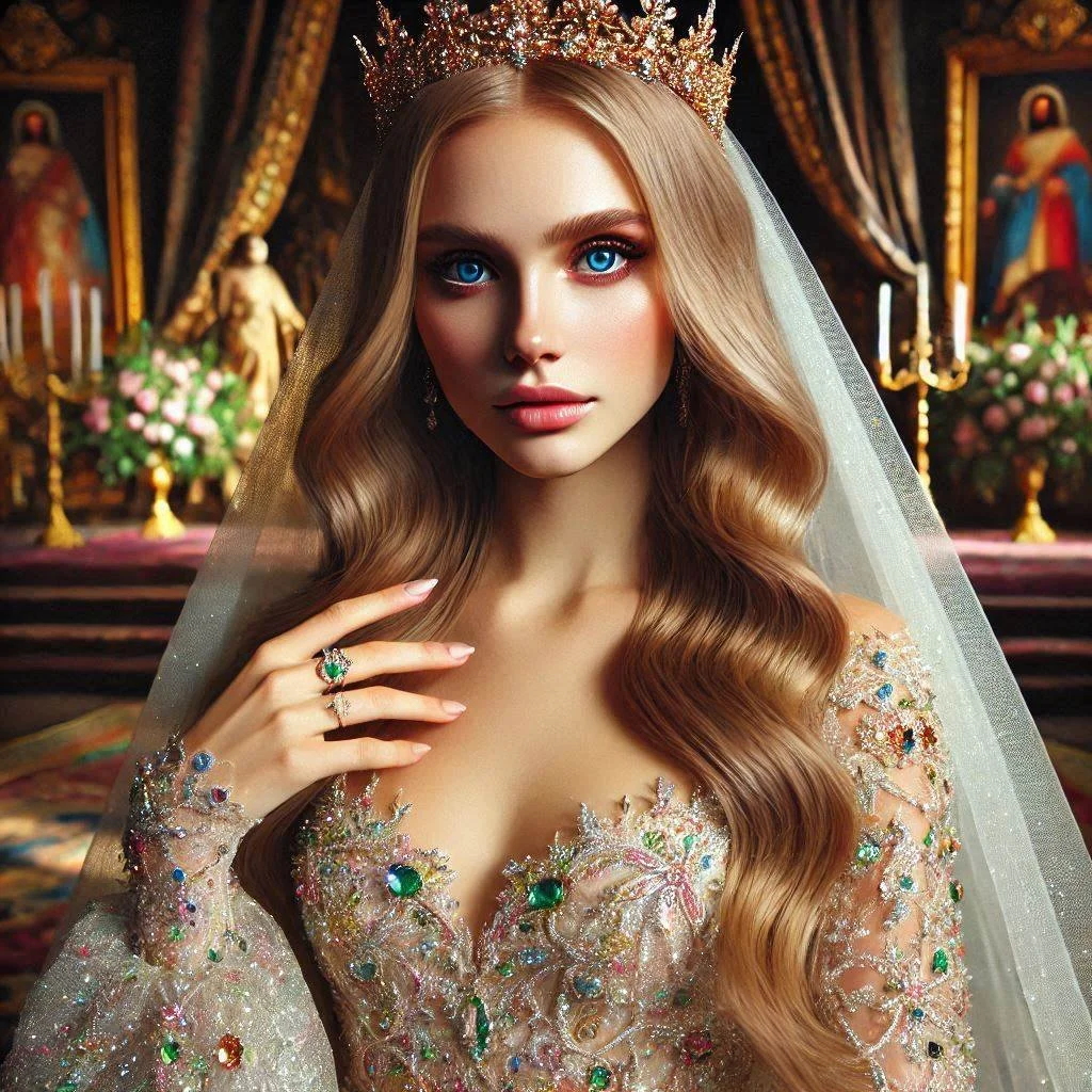 豪華な王冠をかぶった女性の肖像。背景は教会や宮殿のような豪華な装飾と宗教的な絵画。