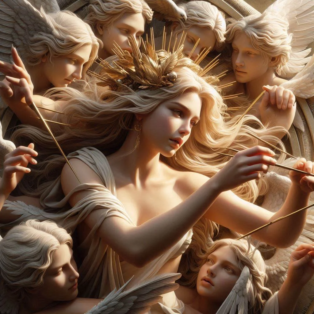 金色の冠をつけた女性の神話的な彫刻と彼女を取り囲む天使の像の集合