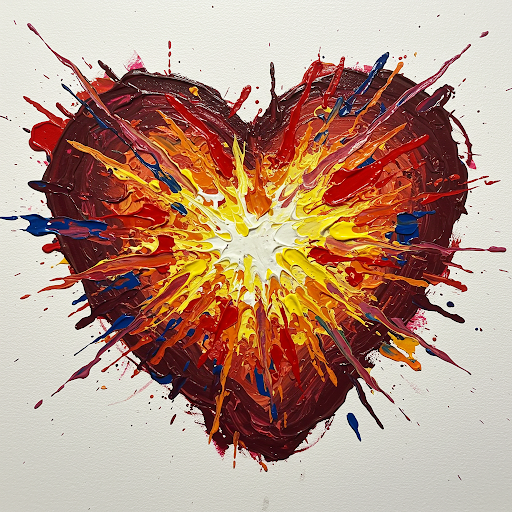 色とりどりの絵具を使った爆発的なハートのアート