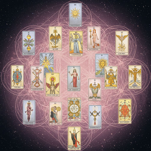 タロットカードのスプレッド。22枚のカードが配置されており、それぞれに異なるシンボルとイラストが描かれています。