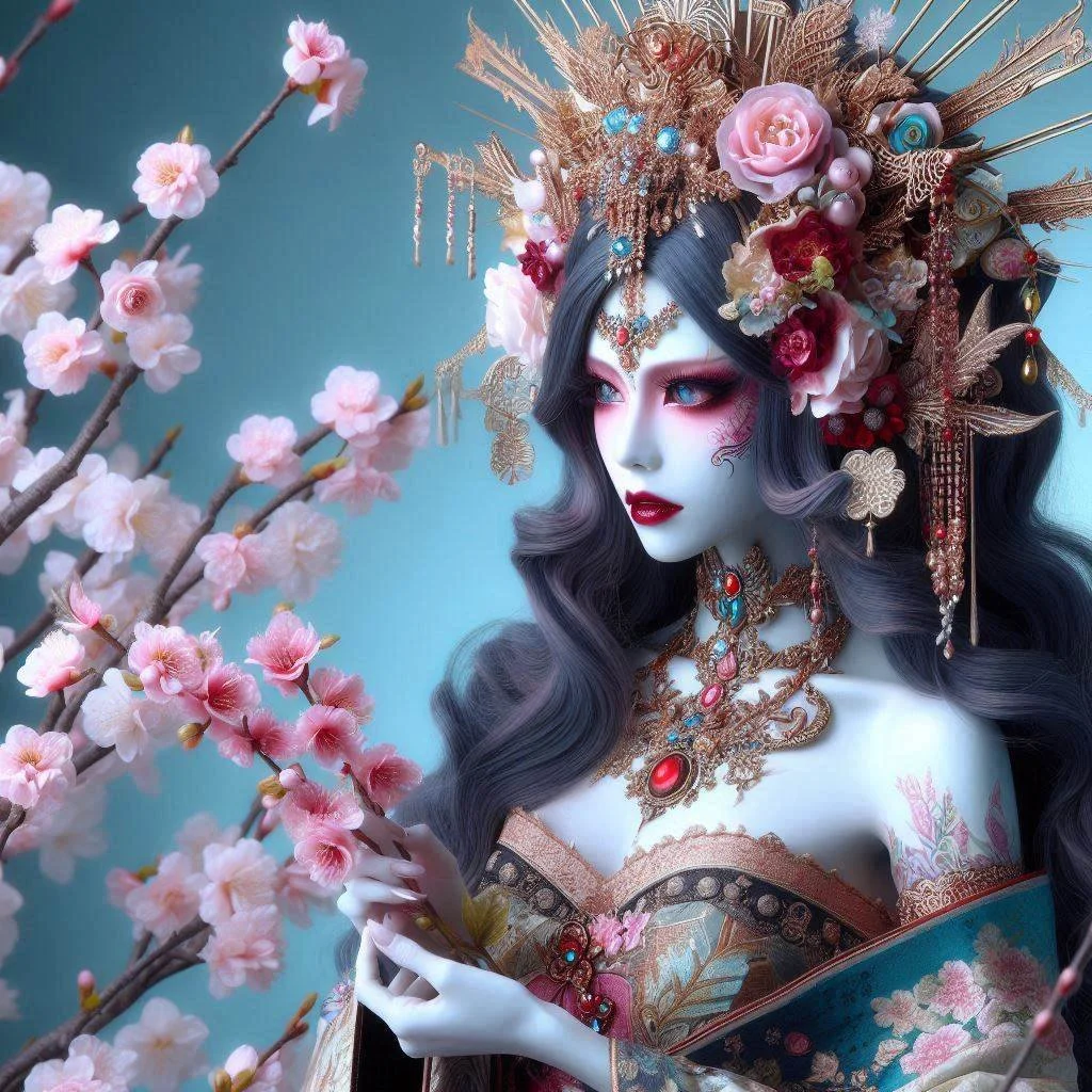 華やかな装飾をした女性の妖艶な姿。黒い髪に花と宝石のヘッドドレスをつけ、ピンクの花模様の着物を纏い、桜の枝を持っている。