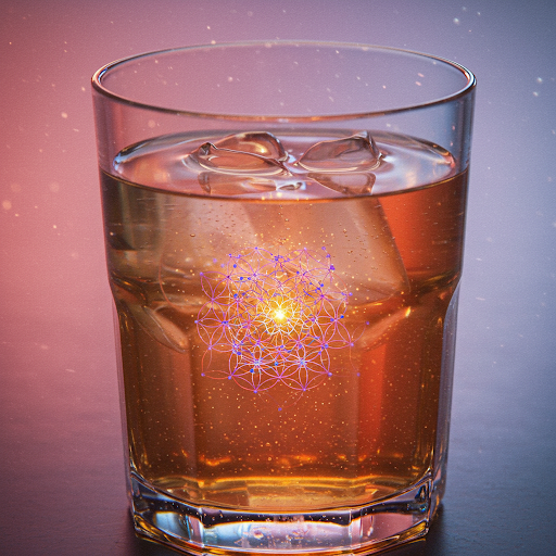 氷入りのグラスに入った飲み物と、中央に輝く幾何学模様の光のエネルギー。