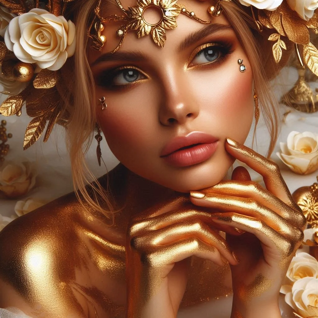 金色のメイクとアクセサリーをした女性のポートレート。頭には花と葉の装飾、手と肩にも金色のペイント。背景には白い花が散らばっている。