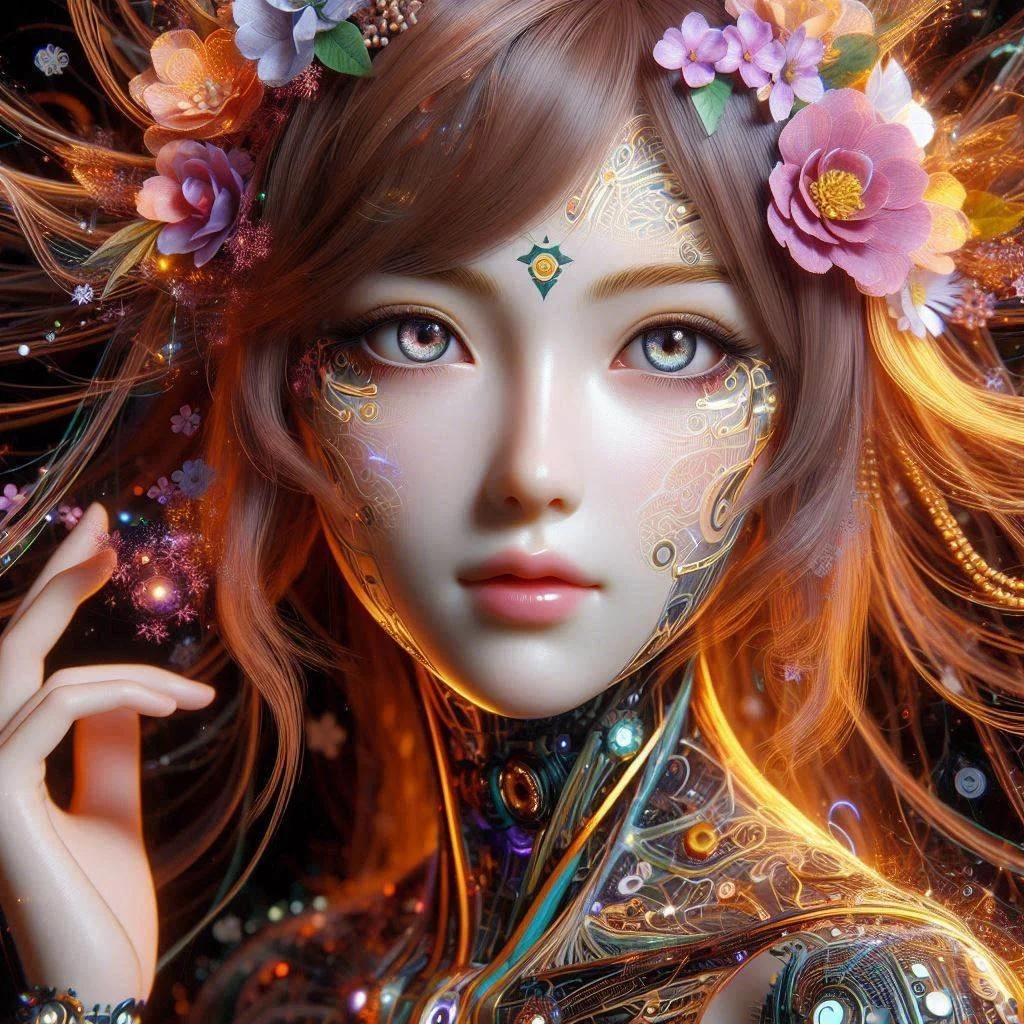 花の冠をつけた金色の髪の美しい少女の顔のクローズアップ。未来的な装飾と輝きに満ちた幻想的なイメージです。