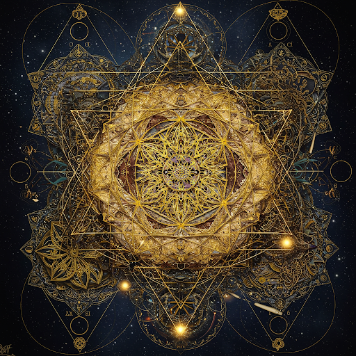 精緻な幾何学模様と黄金色の装飾が融合した神秘的なデザイン、宇宙を背景に星が散りばめられている