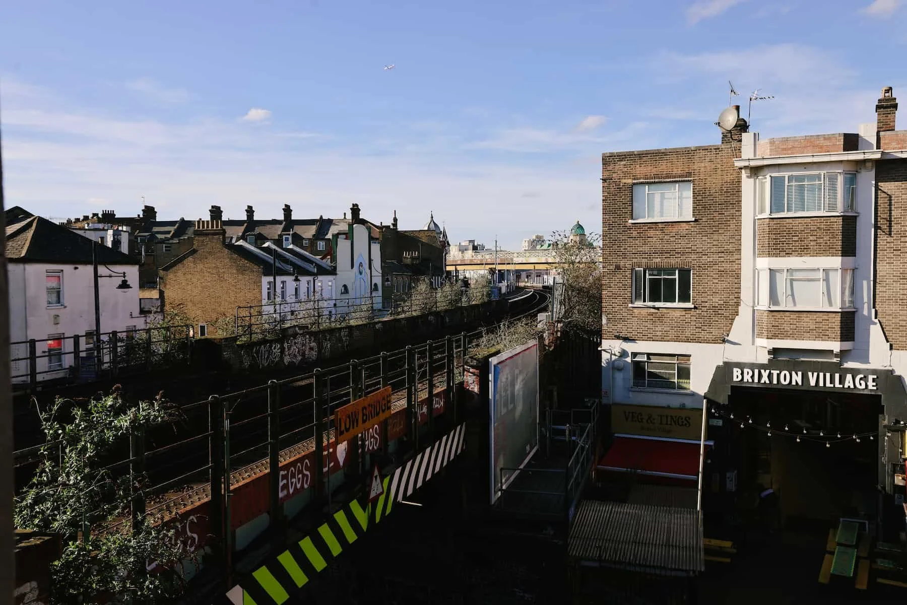 View over Brixton Market and overground trainline from consulting room in Carlton Mansions, South London